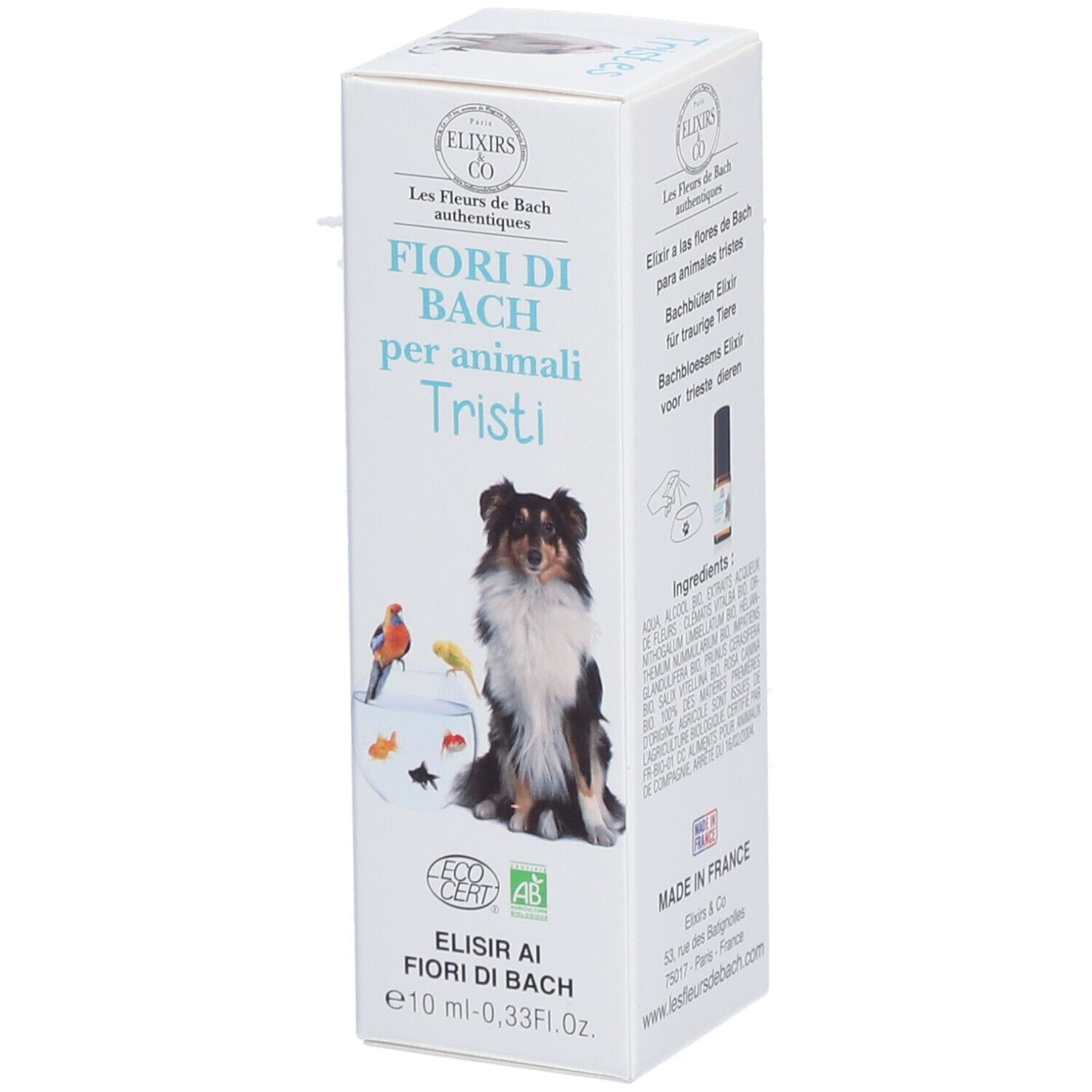 Kartonverpackung mit Produktname: Fiori di Bach per animali Tristi. Abbildung: Hund, Vögel. Öko-Zertifizierung.