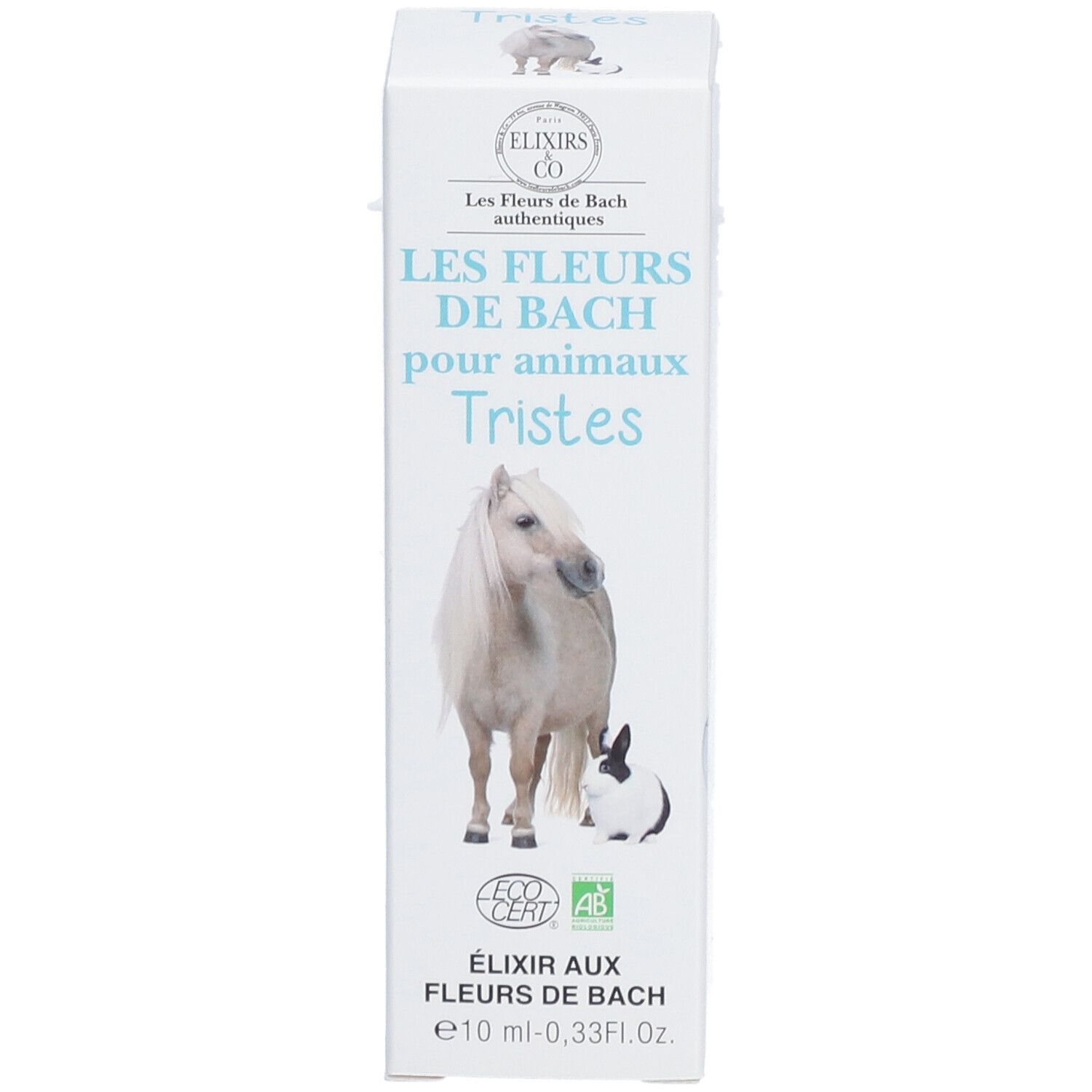 Kartonverpackung mit Produktname: Les Fleurs de Bach pour animaux Tristes. Abbildung: Pferd, Kaninchen. Öko-Zertifizierung.