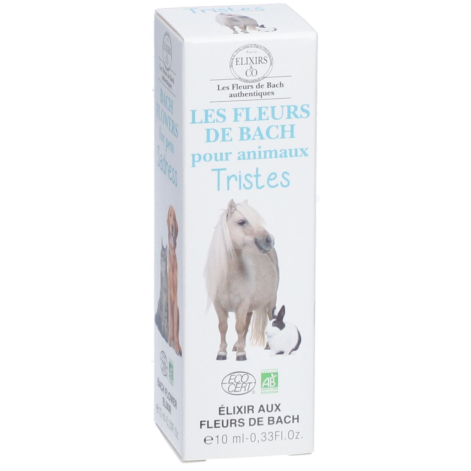 Kartonverpackung mit Produktname: Les Fleurs de Bach pour animaux Tristes. Abbildung: Hund, Katze, Pferd, Kaninchen. Öko-Zertifizierung.