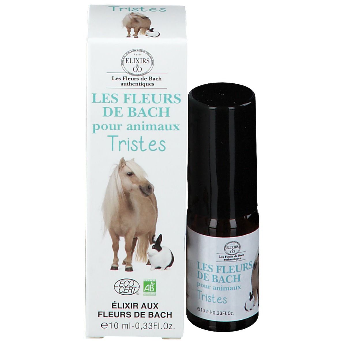 Kartonverpackung und Flasche. Produktname: Les Fleurs de Bach pour animaux Tristes. Abbildung: Pferd, Kaninchen. Öko-Zertifizierung.
