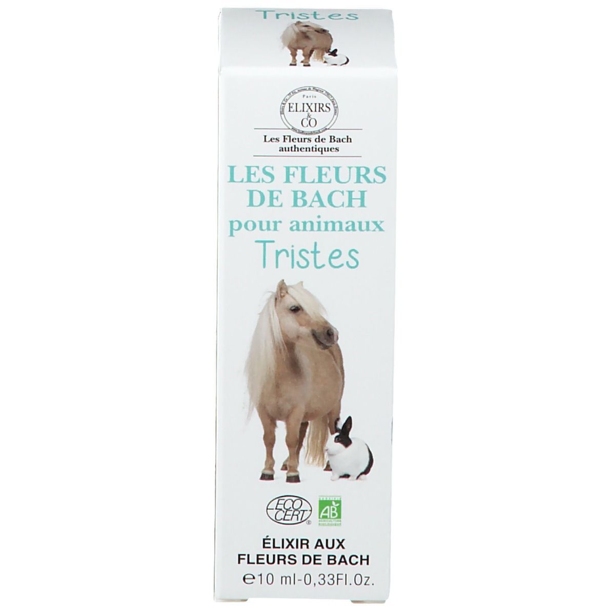 Kartonverpackung mit Produktname: Les Fleurs de Bach pour animaux Tristes. Abbildung: Pferd, Kaninchen. Öko-Zertifizierung.