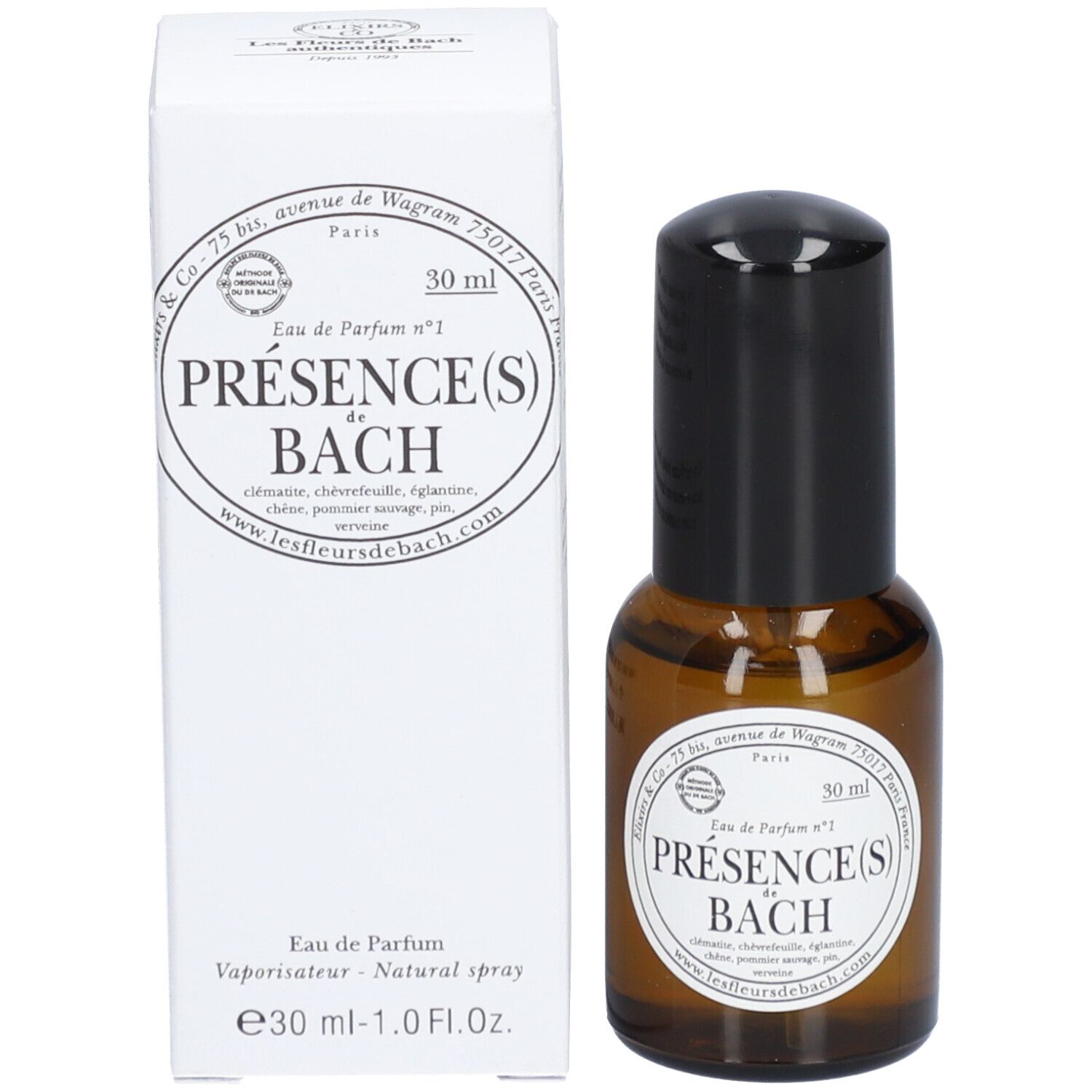 Flacon en verre brun, bouchon noir, emballage blanc. Inscription : Présence(s) de Bach, 30 ml.