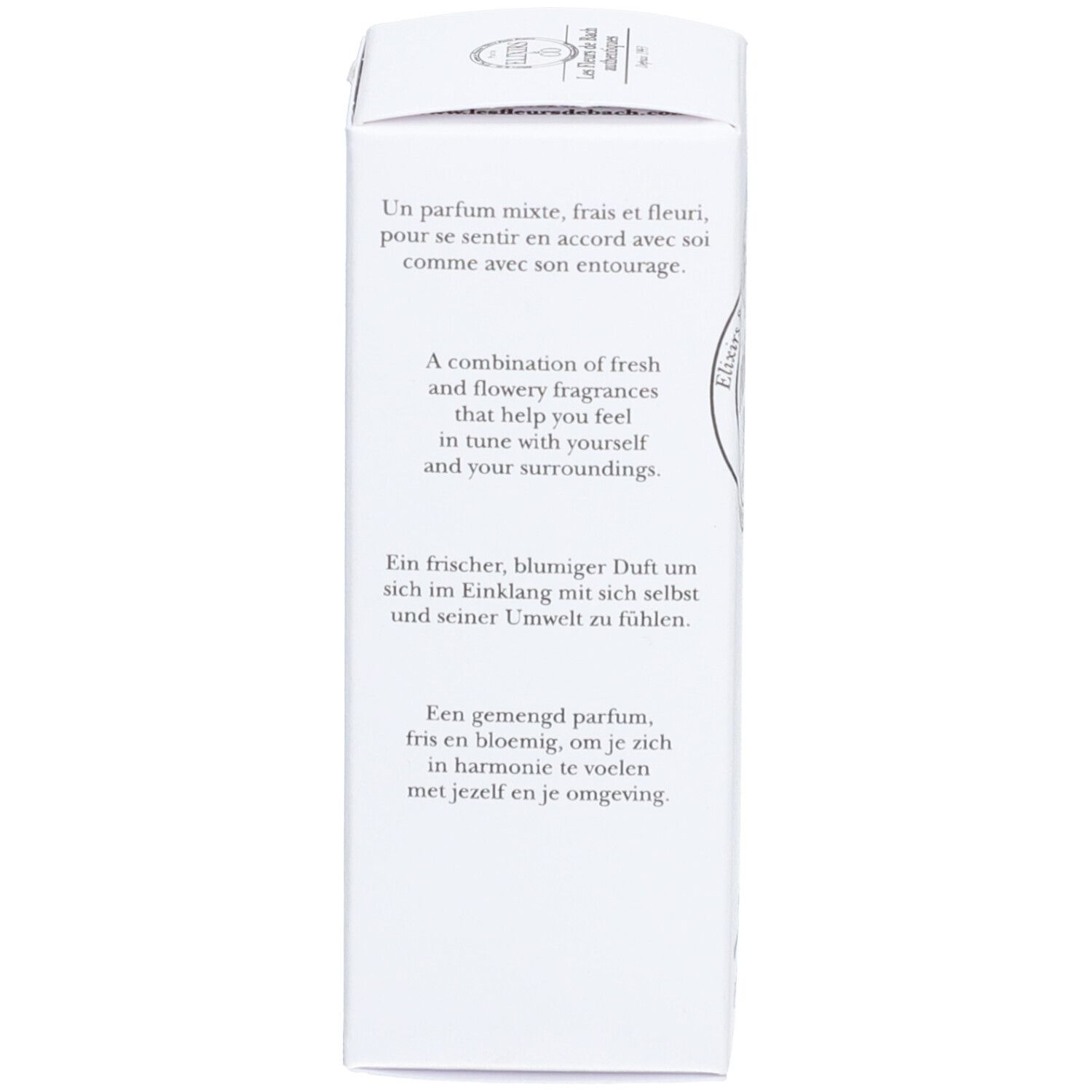 Emballage blanc avec texte. Inscription : Présence(s) de Bach, 30 ml. Texte en allemand, français, anglais et néerlandais.