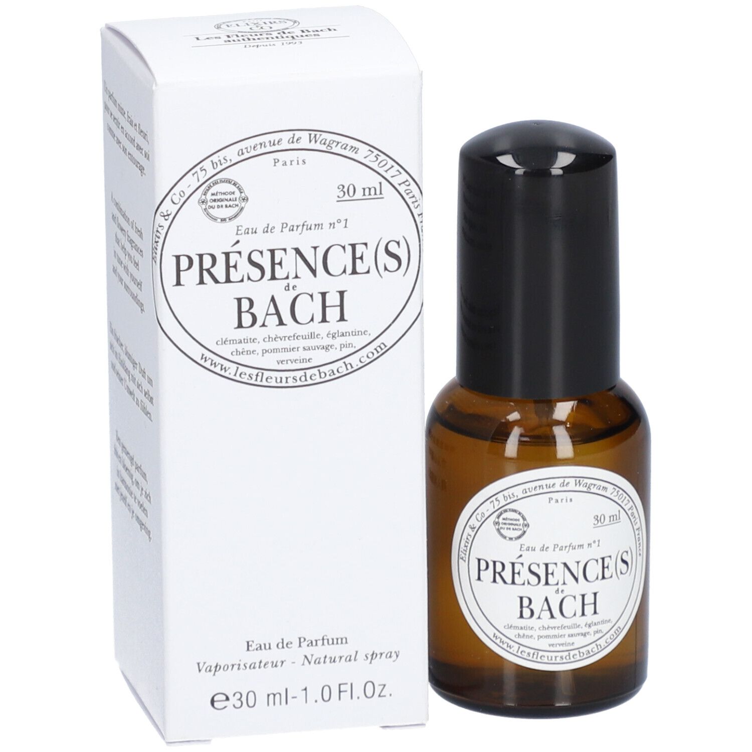 Flacon en verre brun, bouchon noir, emballage blanc. Inscription : Présence(s) de Bach, 30 ml.