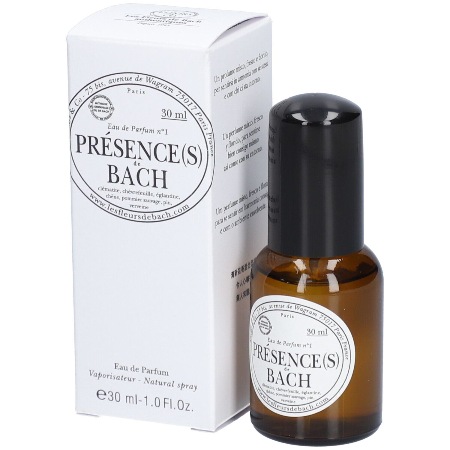 Flacon en verre brun, bouchon noir, emballage blanc. Inscription : Présence(s) de Bach, 30 ml.