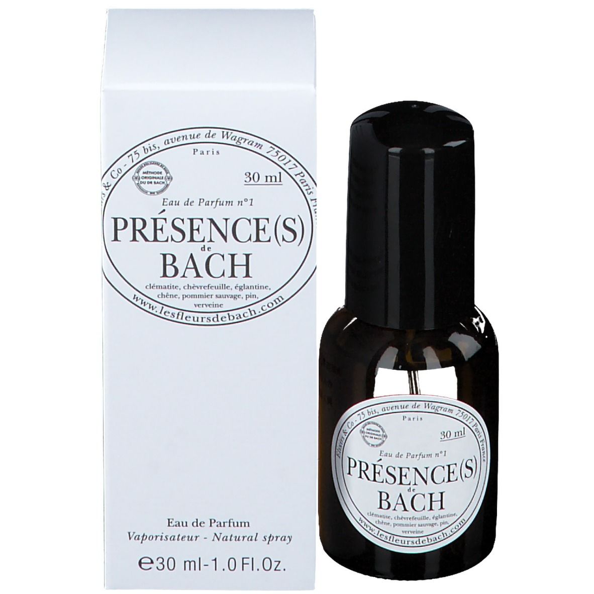 Flacon en verre brun, bouchon noir, emballage blanc. Inscription : Présence(s) de Bach, 30 ml.