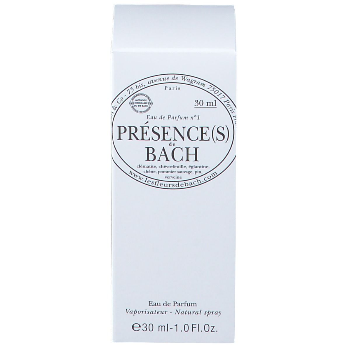 Emballage blanc avec inscription : Présence(s) de Bach, 30 ml.