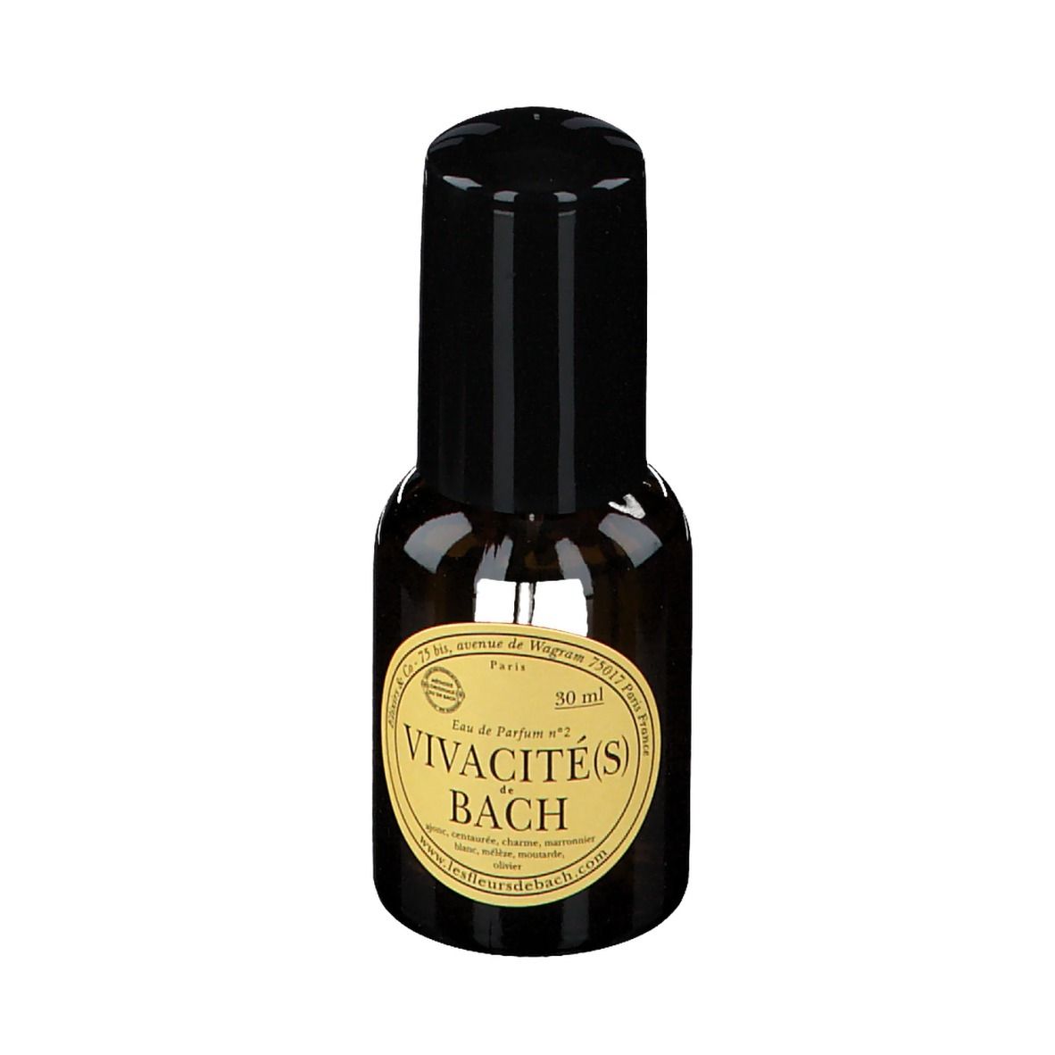 Flacon en verre brun avec bouchon noir et étiquette. Inscription : Vivacité(s) de Bach.