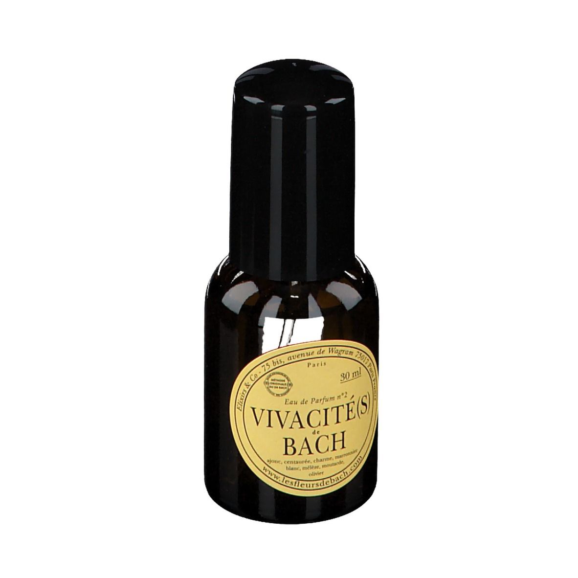 Flacon en verre brun avec bouchon noir. Étiquette avec texte.