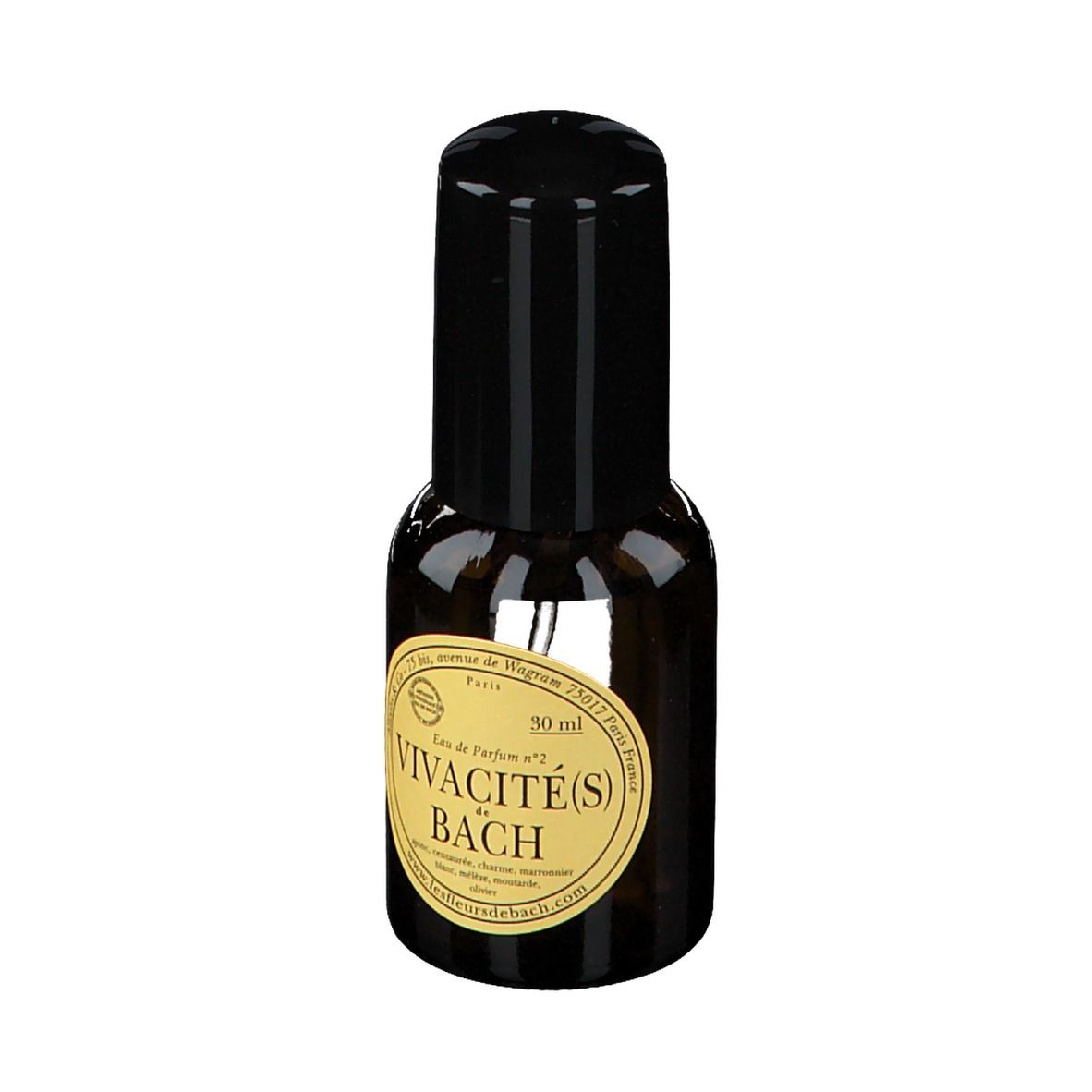 Flacon en verre brun avec bouchon noir. Étiquette avec texte.