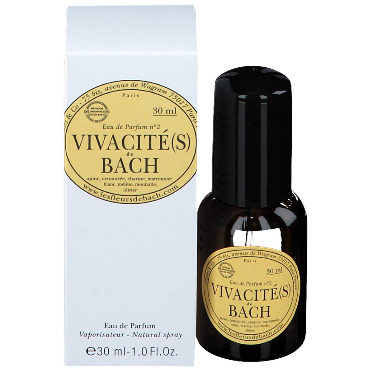 Flacon en verre brun avec bouchon noir et étiquette. Boîte blanche avec texte à côté.