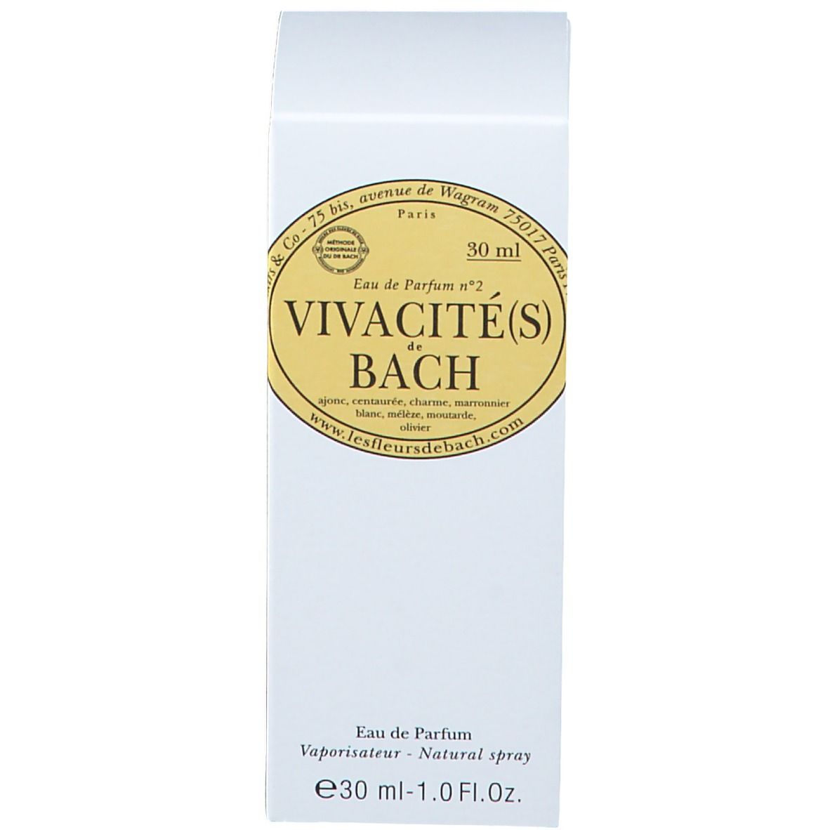Boîte blanche avec texte et étiquette. Inscription : Vivacité(s) de Bach.