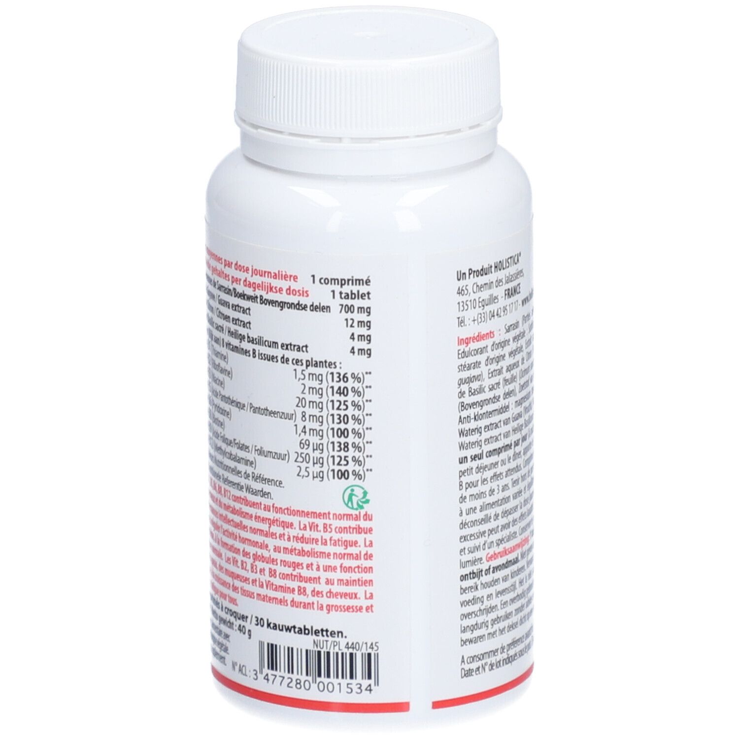 Witte fles met tekst. Voedingswaarde-informatie en andere informatie. Merk HOLISTICA. Deksel boven.
