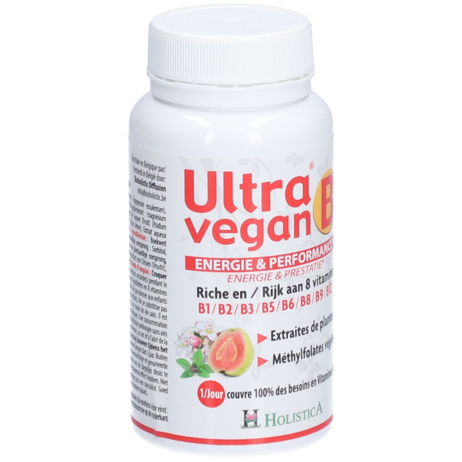 Witte fles met rode en witte tekst. Bevat Ultra Vegan B. Merk HOLISTICA. Deksel boven.