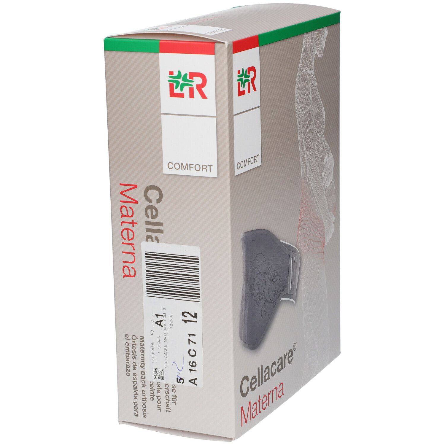 Cellacare Materna Comfort Größe 3 Verpackung. Graue Bandage, Barcode, Text: Maternity back orthosis.
