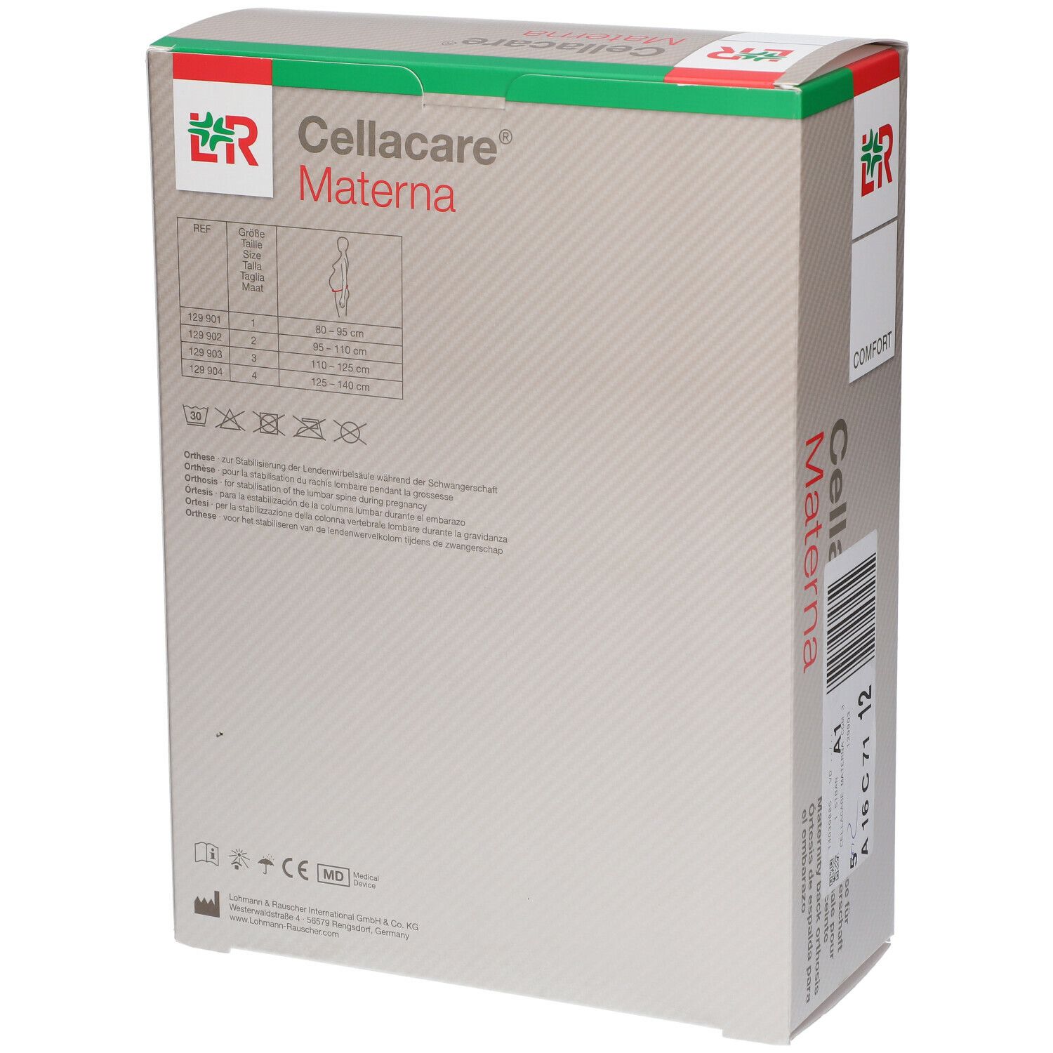 Cellacare Materna Comfort Größe 3 Verpackung. Text: Rückentherapie für Schwangere, Größenangaben, Waschsymbole.