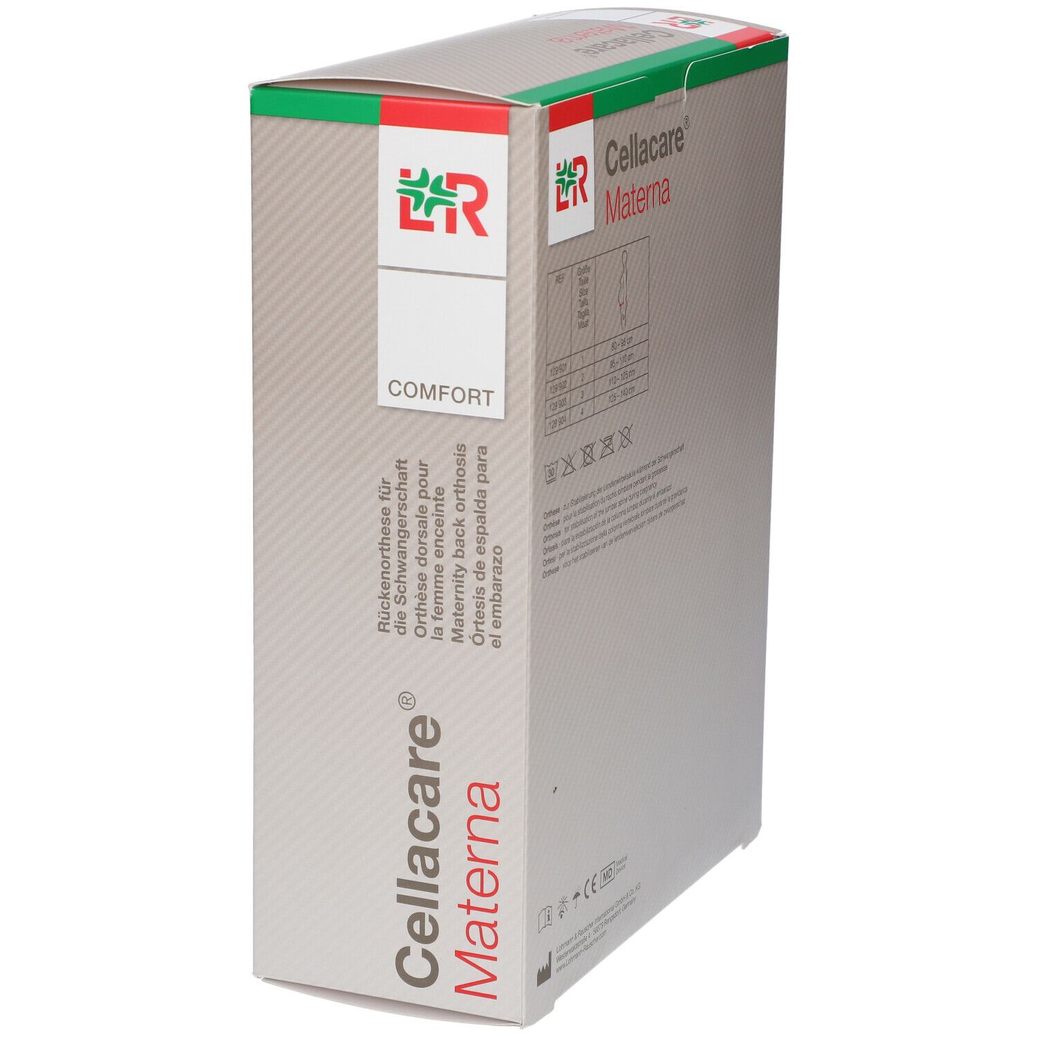 Cellacare Materna Comfort Größe 3 Verpackung. Text: Rückentherapie für Schwangere, Größenangaben, CE-Zeichen.