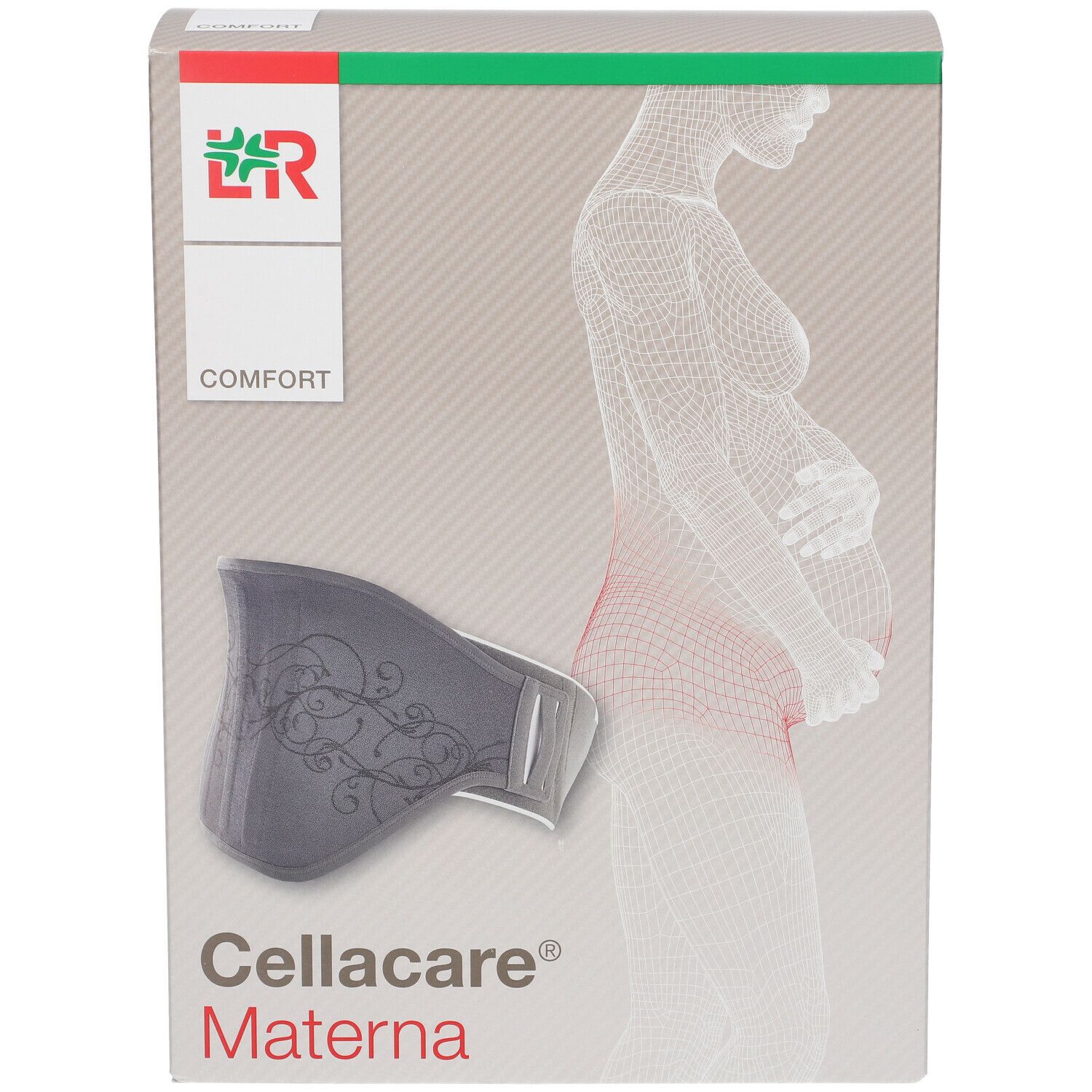 Cellacare Materna Comfort Größe 3 Verpackung. Graue Bandage, Umriss einer schwangeren Frau.