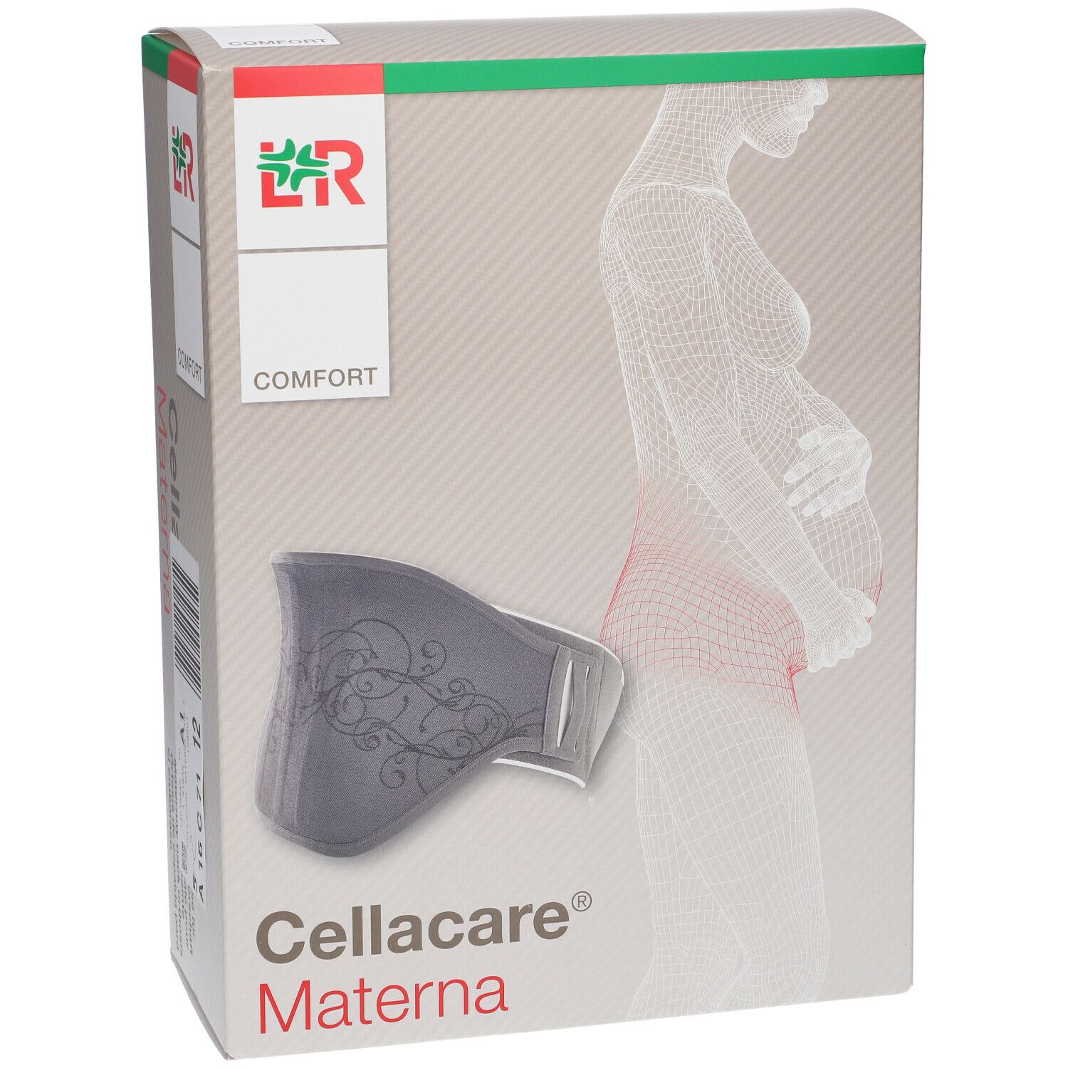 Cellacare Materna Comfort Größe 3 Verpackung. Graue Bandage, Umriss einer schwangeren Frau.