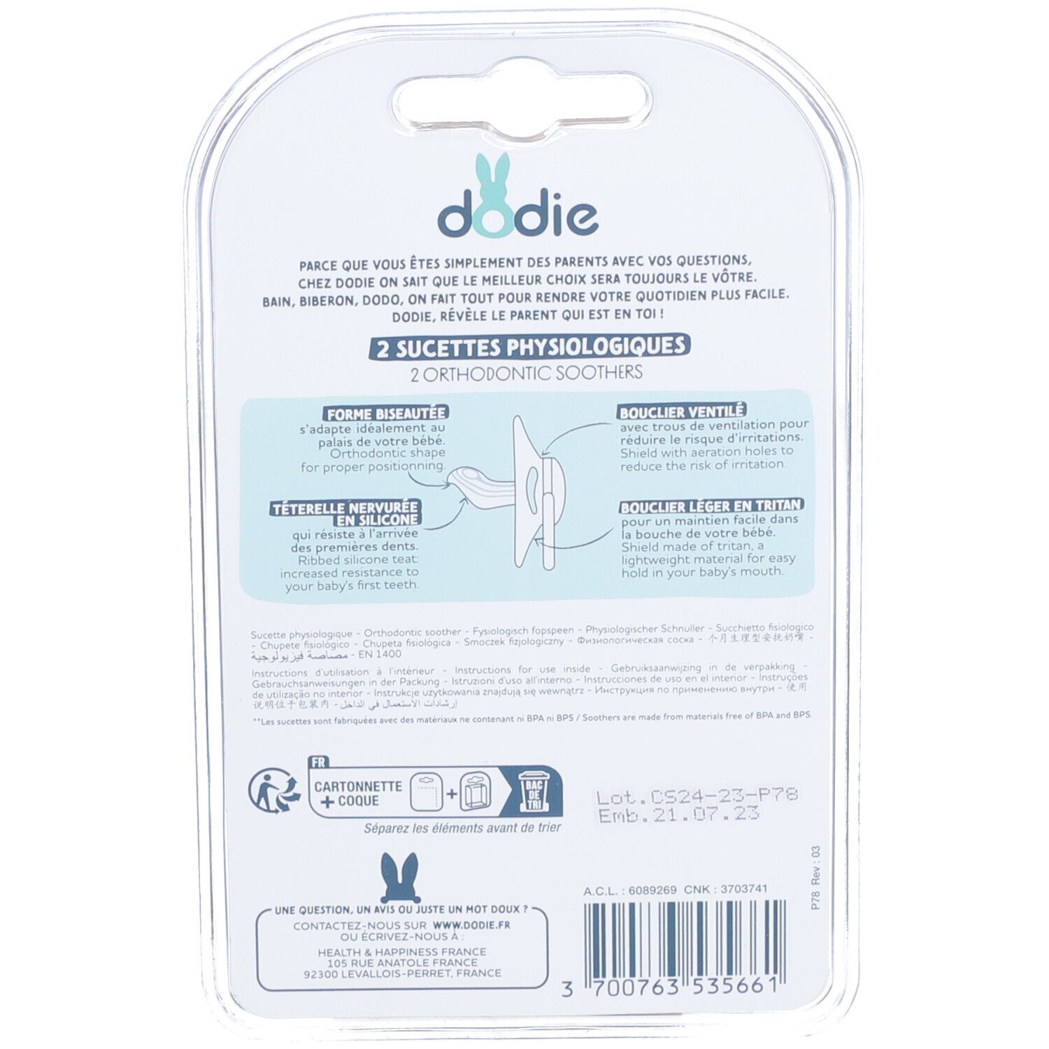 Emballage de deux sucettes Dodie. Forme orthodontique. Texte: 2 sucettes physiologiques.