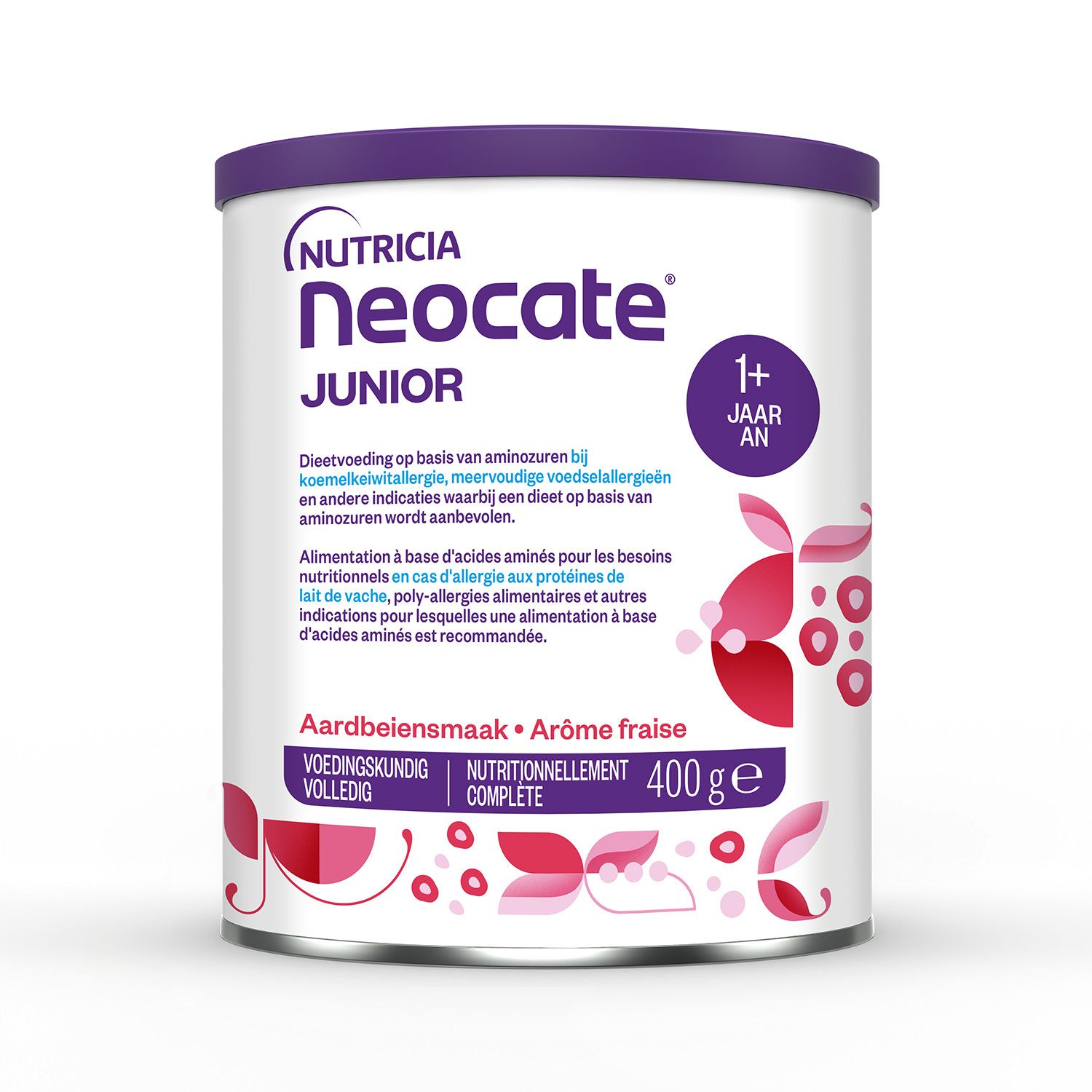 Blik Neocate Junior, aardbei smaak. Opschrift: 1+ jaar. 400g. Voor kinderen vanaf 1 jaar.
