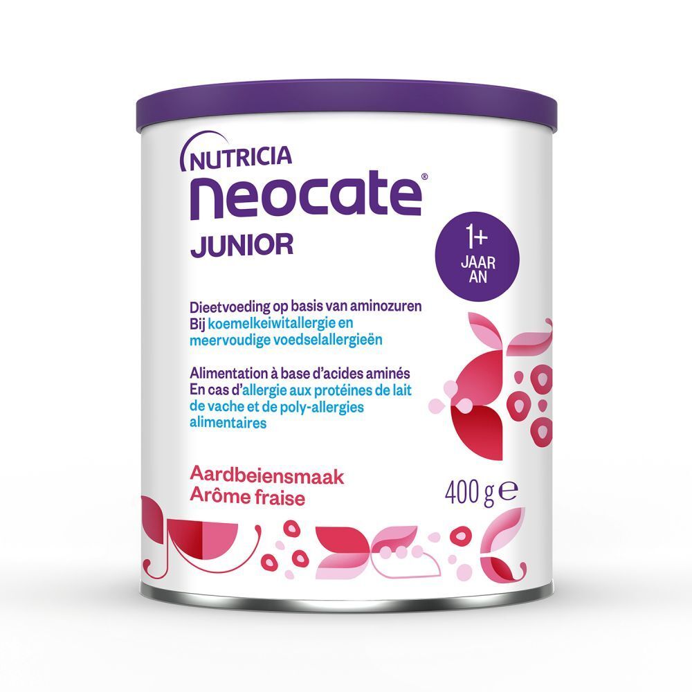 Blik Neocate Junior, aardbei smaak. Opschrift: 1+ jaar. 400g. Voor kinderen vanaf 1 jaar.