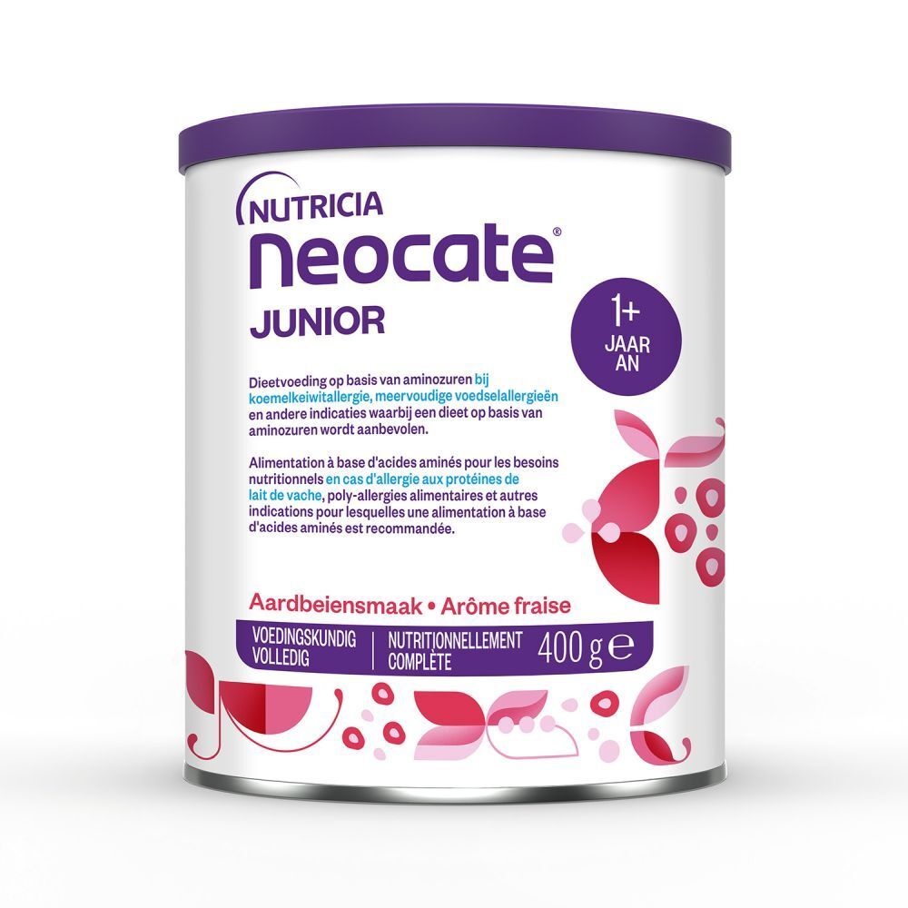 Blik Neocate Junior, aardbei smaak. Opschrift: 1+ jaar. 400g. Voor kinderen vanaf 1 jaar.