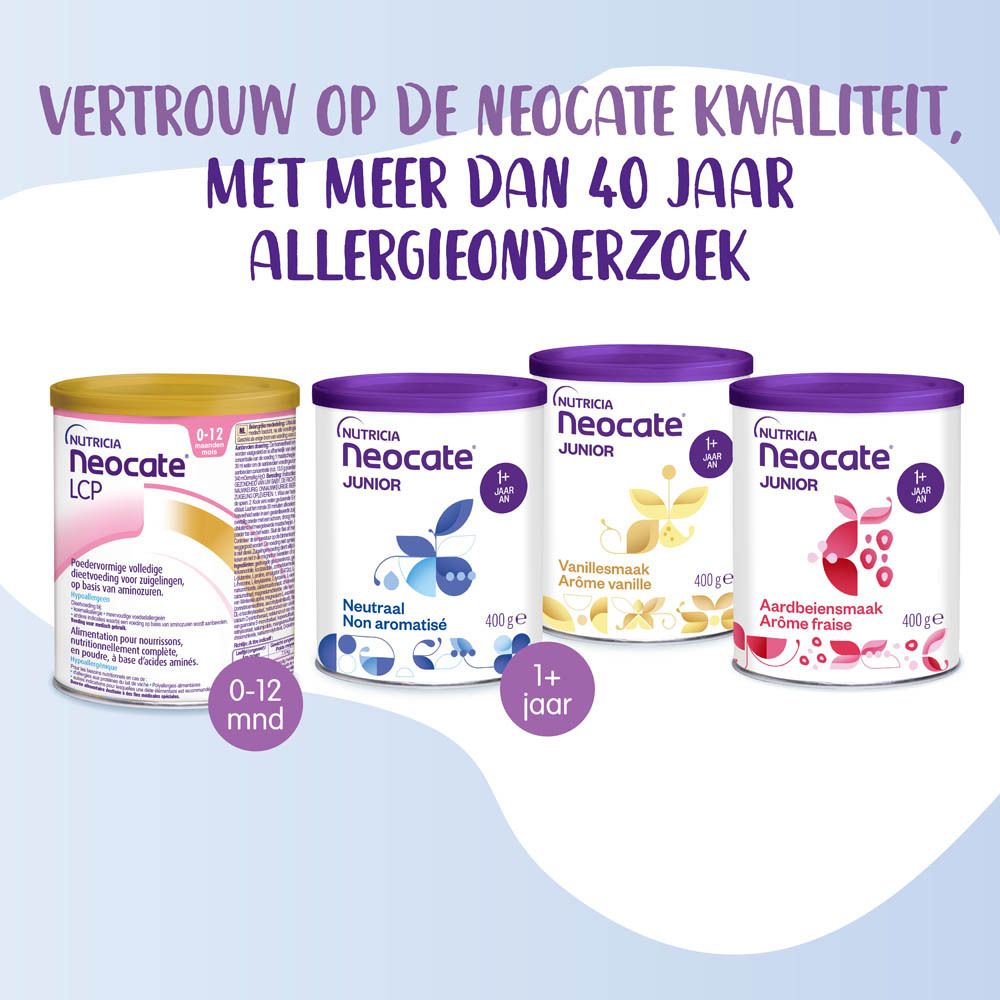 Blik Neocate Junior, aardbei smaak. Opschrift: 1+ jaar. 400g. Voor kinderen vanaf 1 jaar.