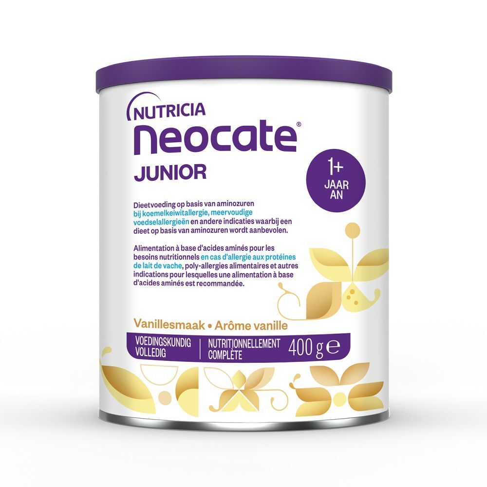 Neocate Junior Dose mit Vanillegeschmack. 400g. Für Kinder ab 1 Jahr. Lila Deckel.