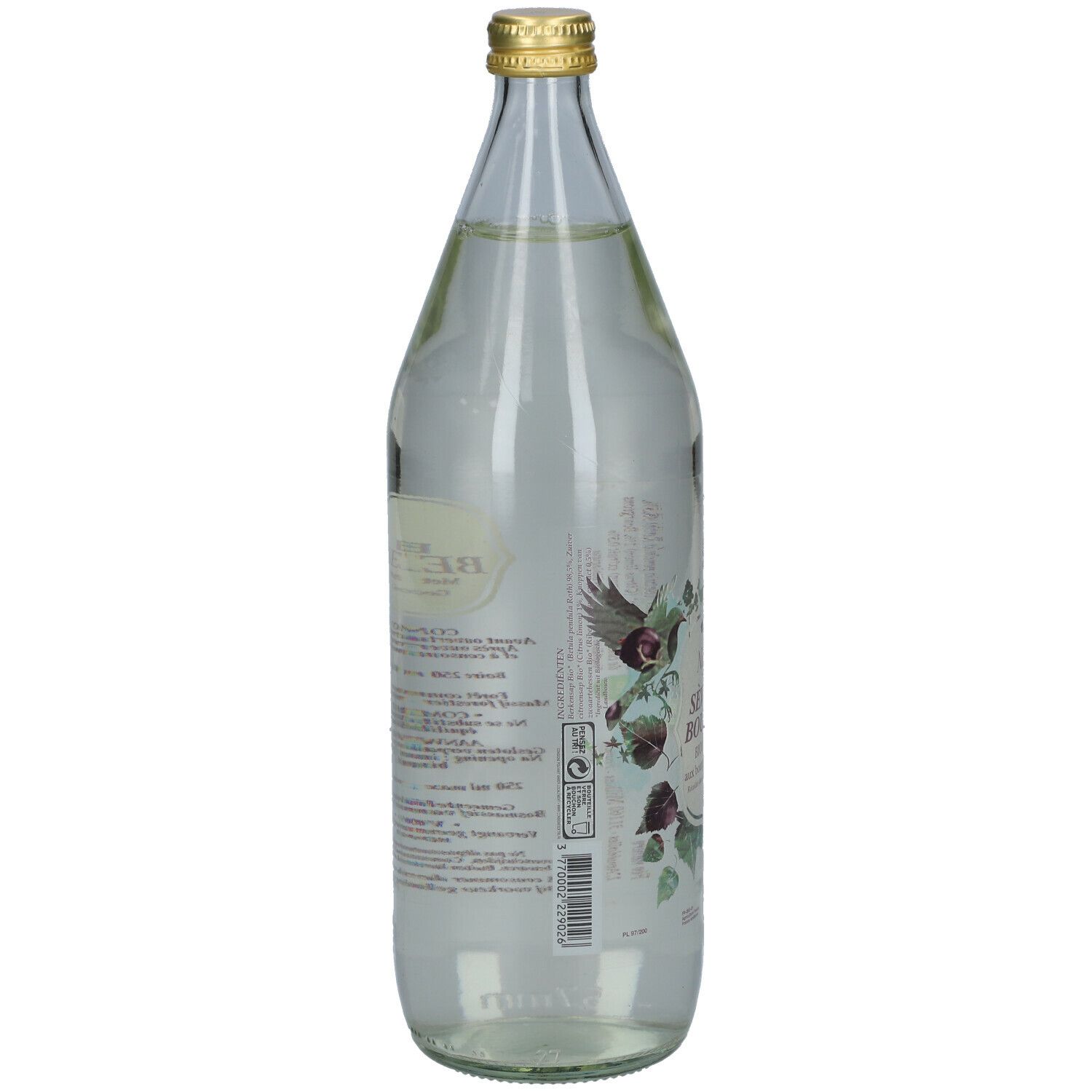 Achterkant van een glazen fles met vloeistof. Tekstinformatie en barcode. Goudkleurige sluiting.