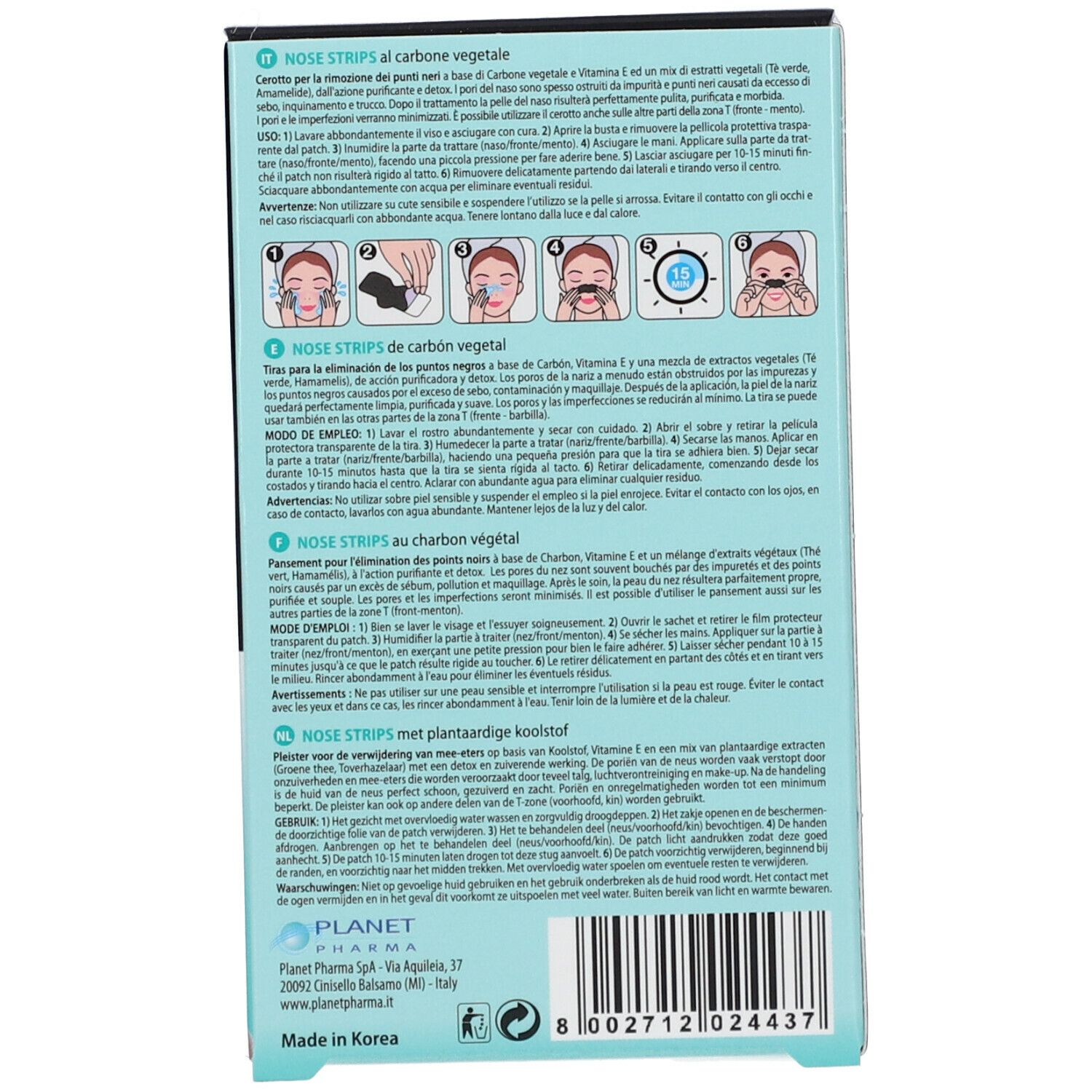 Rückseite der Verpackung mit Text in mehreren Sprachen. Enthält Anweisungen und Informationen zum Produkt.