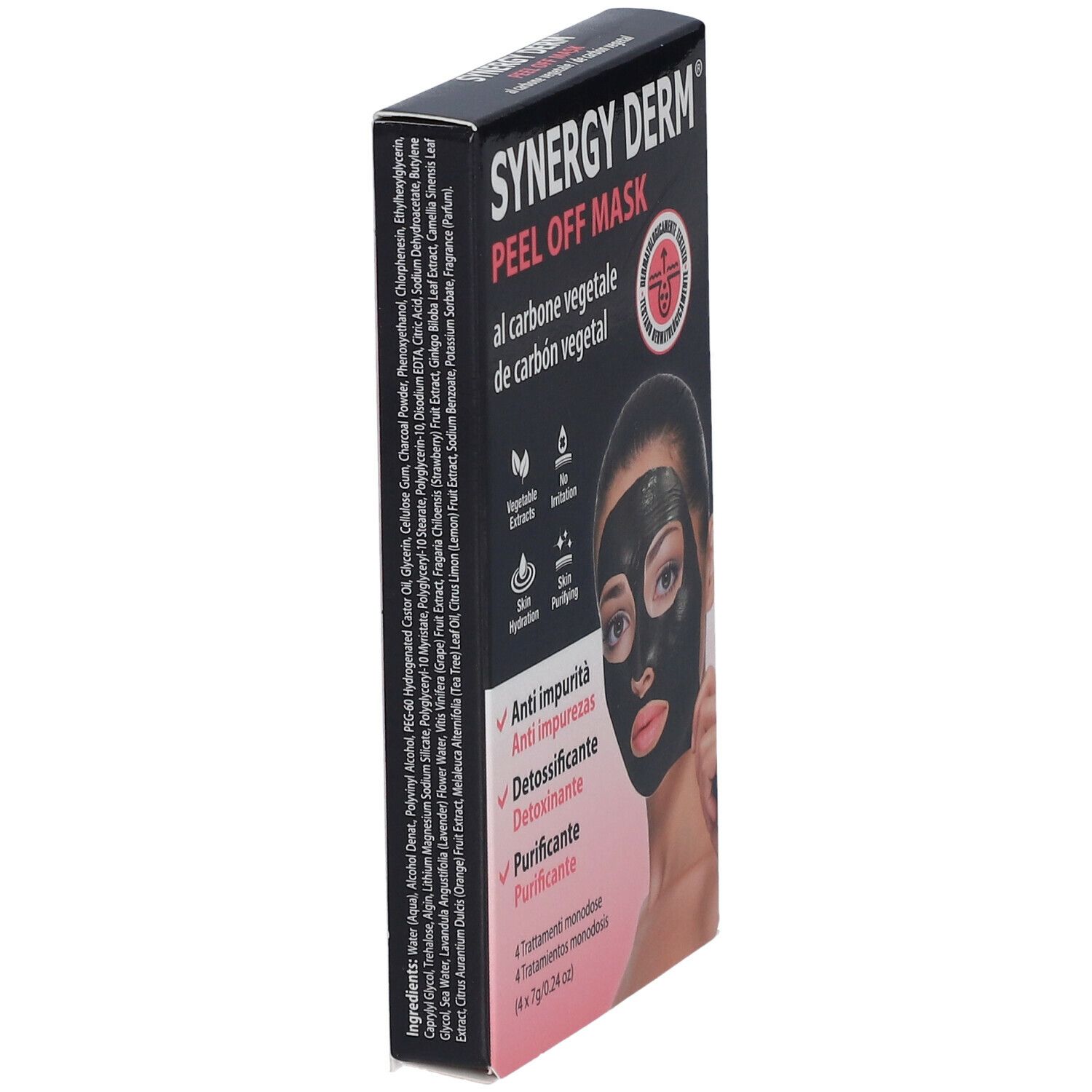 Schwarze Schachtel SYNERGY DERM Peel Off Mask, seitlich. Aufdrucke: Inhaltsstoffe, Anti-Unreinheiten, Detox, Reinigend.