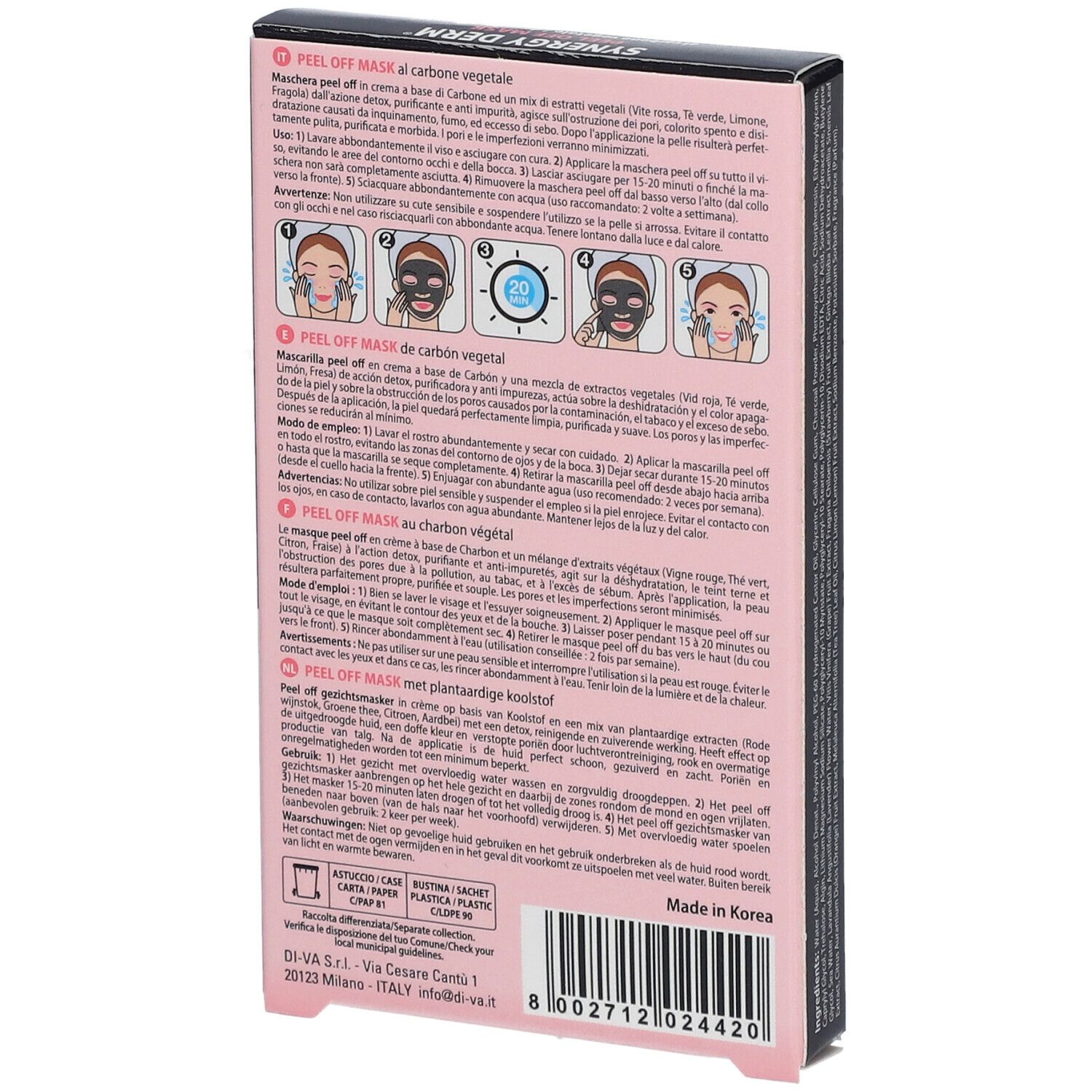 Rückseite der Schachtel SYNERGY DERM Peel Off Mask. Anwendungsanleitung in mehreren Sprachen. Made in Korea.