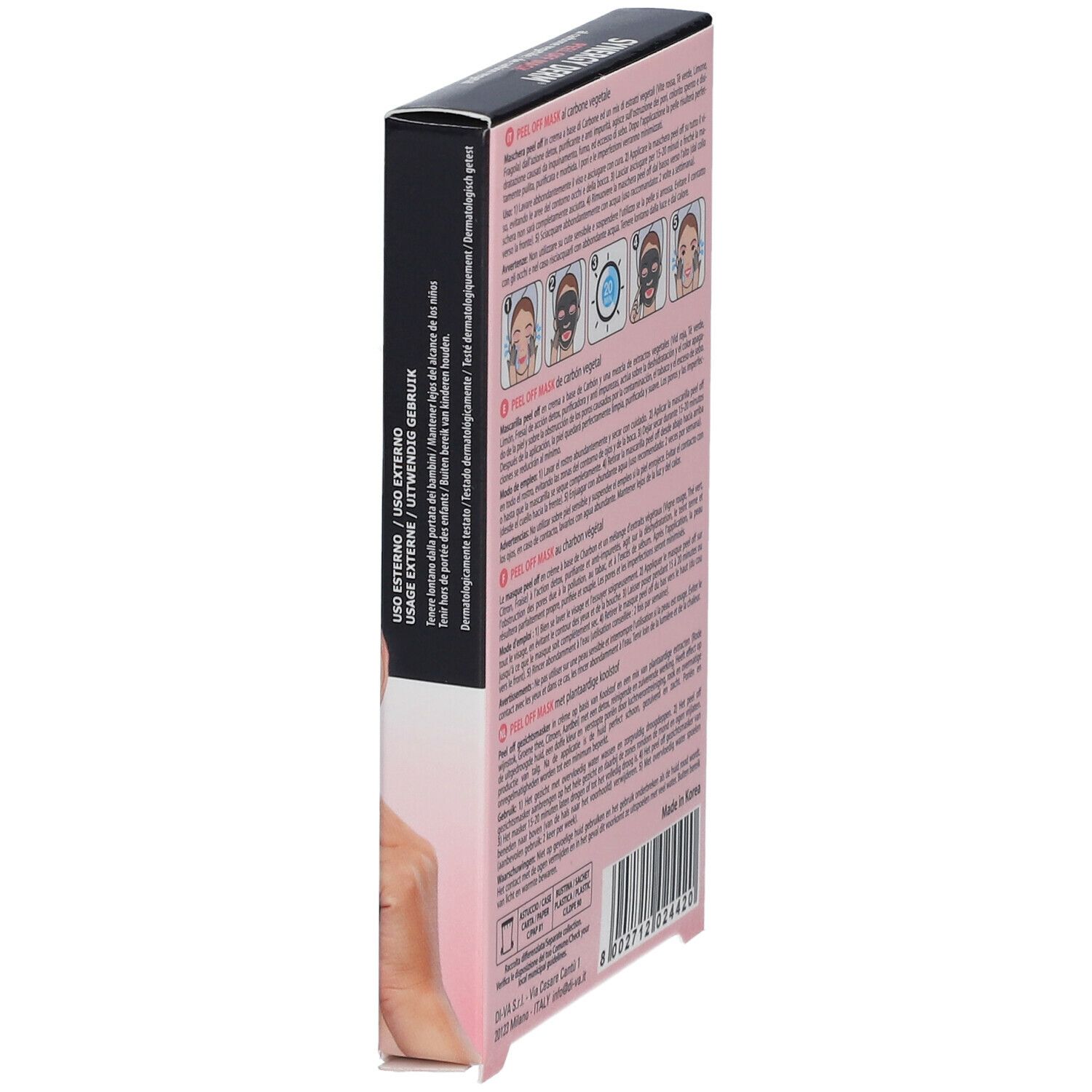 Schachtel SYNERGY DERM Peel Off Mask, seitlich. Anwendungsbeispiele, Text in mehreren Sprachen. Made in Korea.