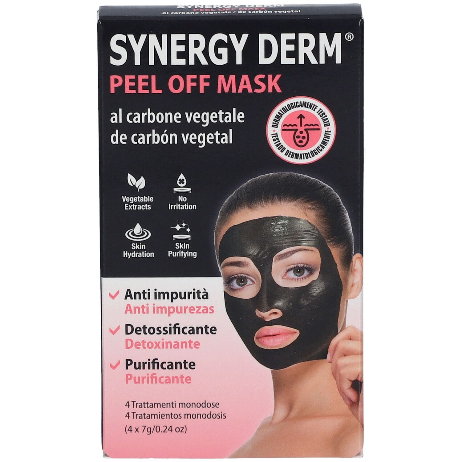 Schwarze Schachtel SYNERGY DERM Peel Off Mask. Aufdrucke: Anti-Unreinheiten, Detox, Reinigend. Frau mit Maske.
