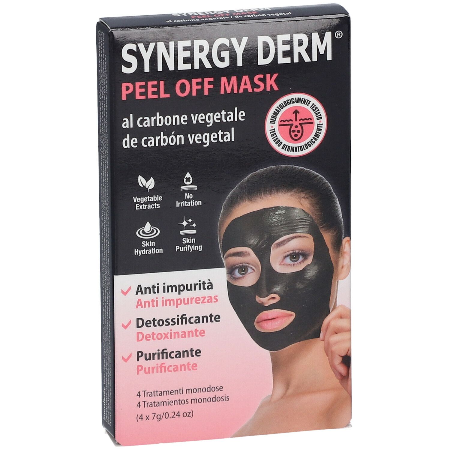 Schwarze Schachtel SYNERGY DERM Peel Off Mask. Aufdrucke: Anti-Unreinheiten, Detox, Reinigend. Frau mit Maske.