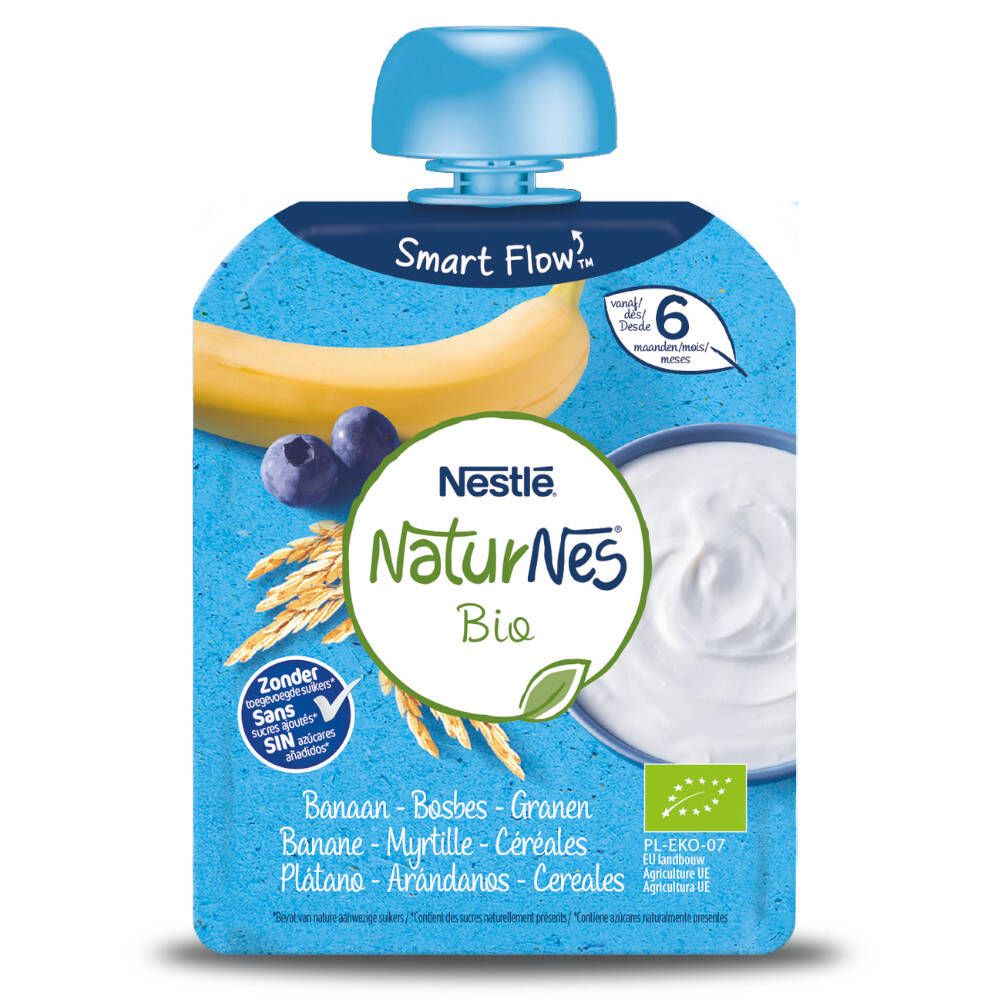 Sachet de purée Nestle NaturNes Bio, banane, myrtille, céréales. Illustration de banane, myrtilles et yaourt. Label bio.