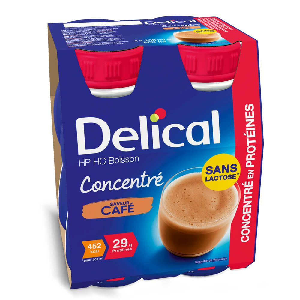 Emballage de quatre bouteilles. Bouteilles bleues, bouchons rouges. Inscription: Delical Concentré Café, sans lactose.