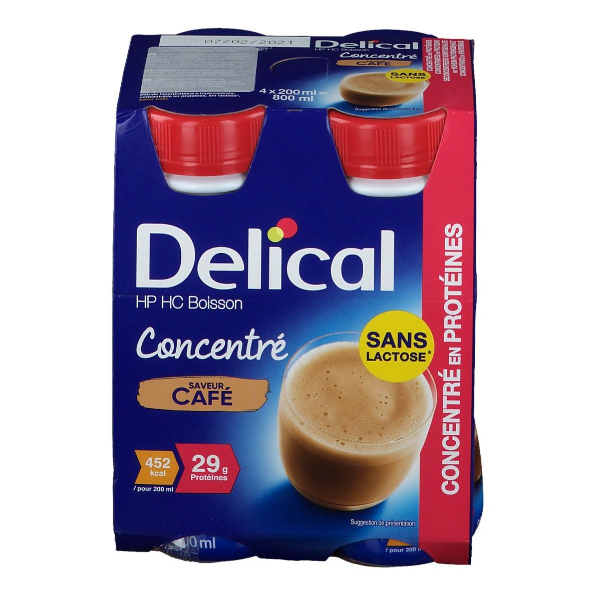Emballage de quatre bouteilles. Bouteilles bleues, bouchons rouges. Inscription: Delical Concentré Café, sans lactose.