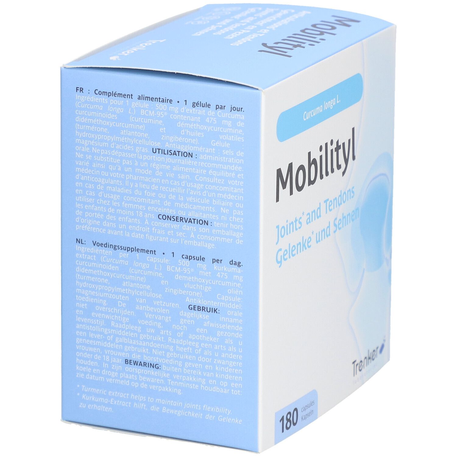 Doos "Mobilityl" met tekst in het Frans en Nederlands. Bevat 180 capsules. Merk Trenker. Voor gewrichten en pezen.