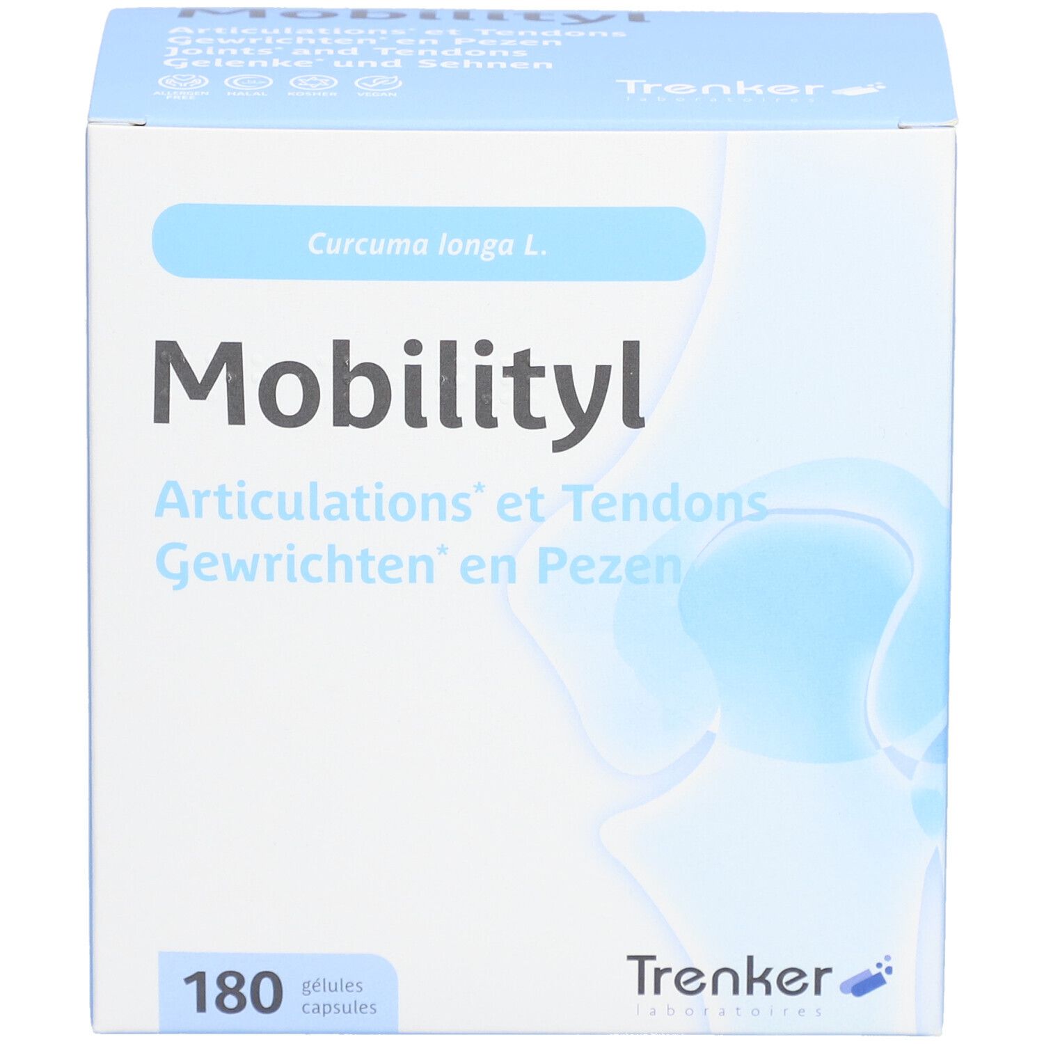 Doos "Mobilityl" met 180 capsules. Merk Trenker. Bevat Curcuma longa L. Voor gewrichten en pezen.