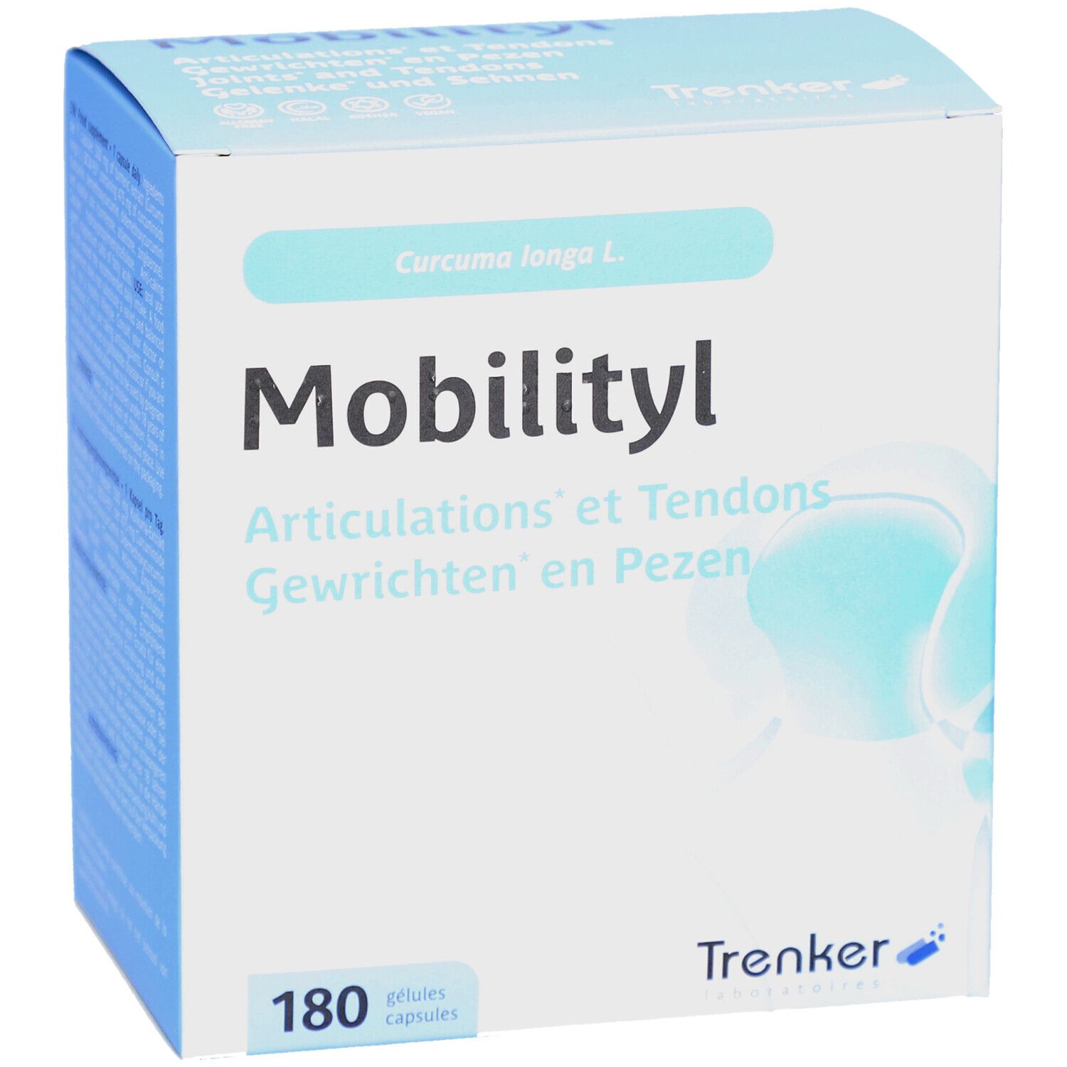 Doos "Mobilityl" met 180 capsules. Merk Trenker. Bevat Curcuma longa L. Voor gewrichten en pezen.