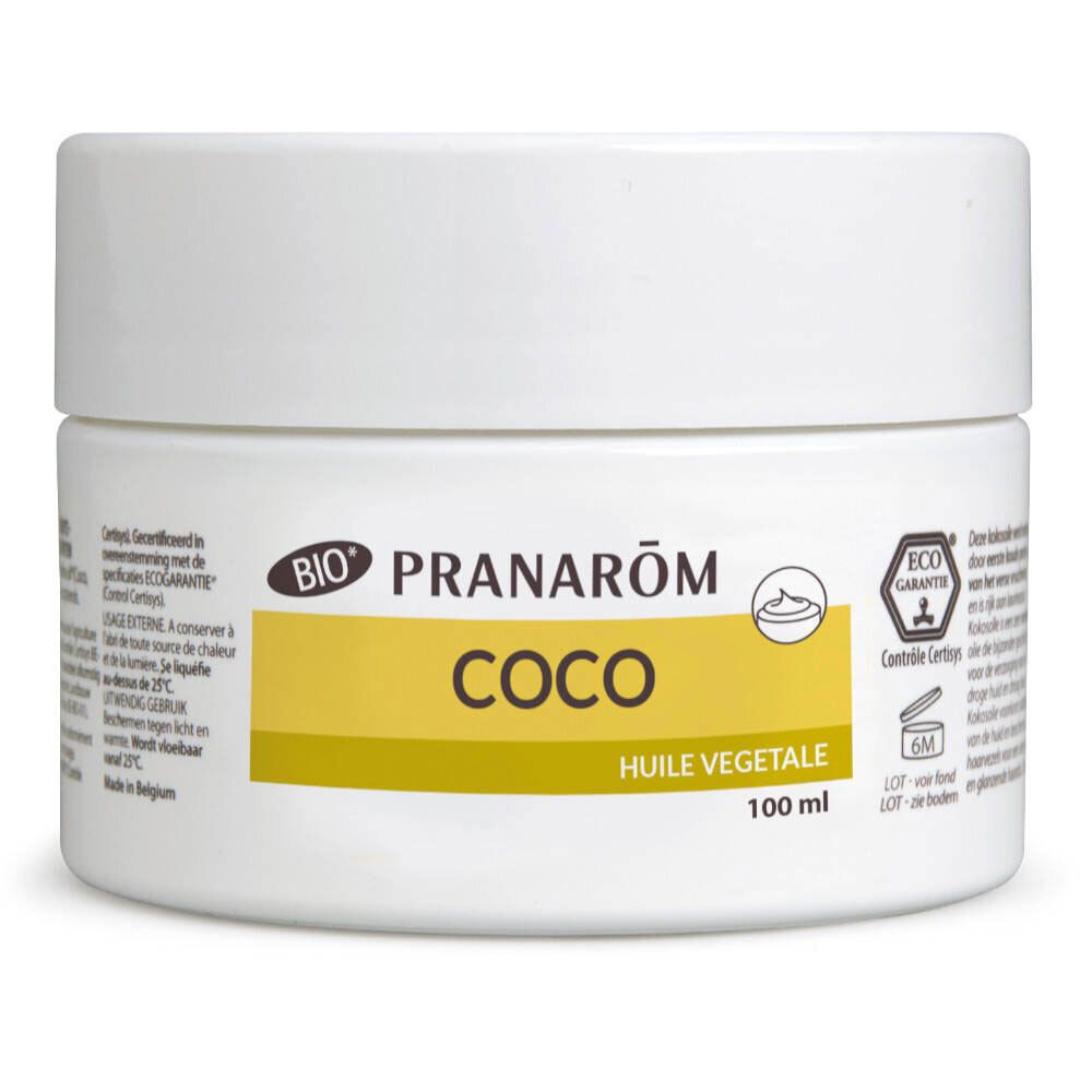 Weiße Dose mit gelbem Etikett. Aufschrift: Pranarôm Coco, Huile Végétale, 100 ml. Bio-Siegel und Eco Garantie.