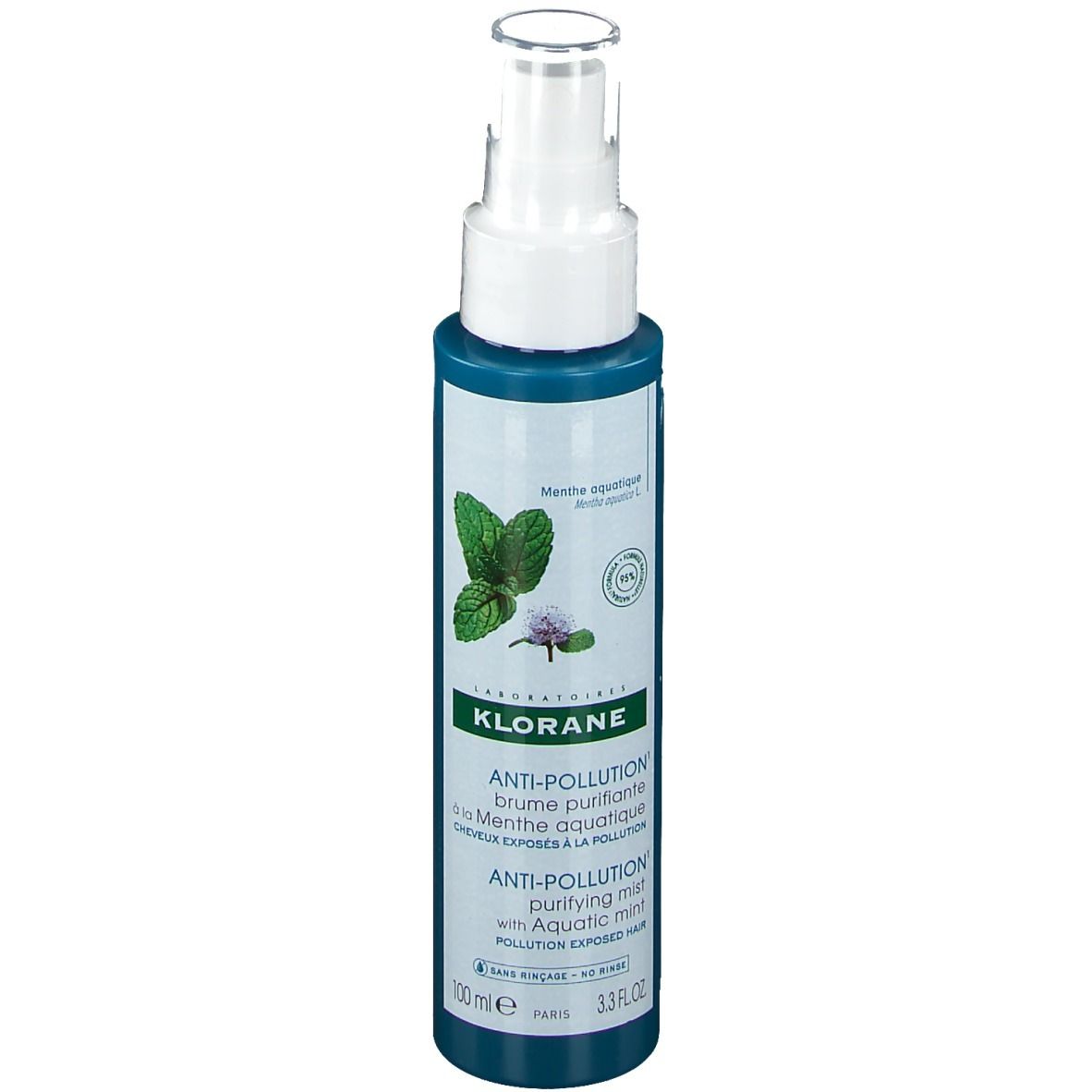 Flacon pulvérisateur turquoise avec tête blanche. Inscriptions: KLORANE, Anti-Pollution, à la menthe. 100 ml.