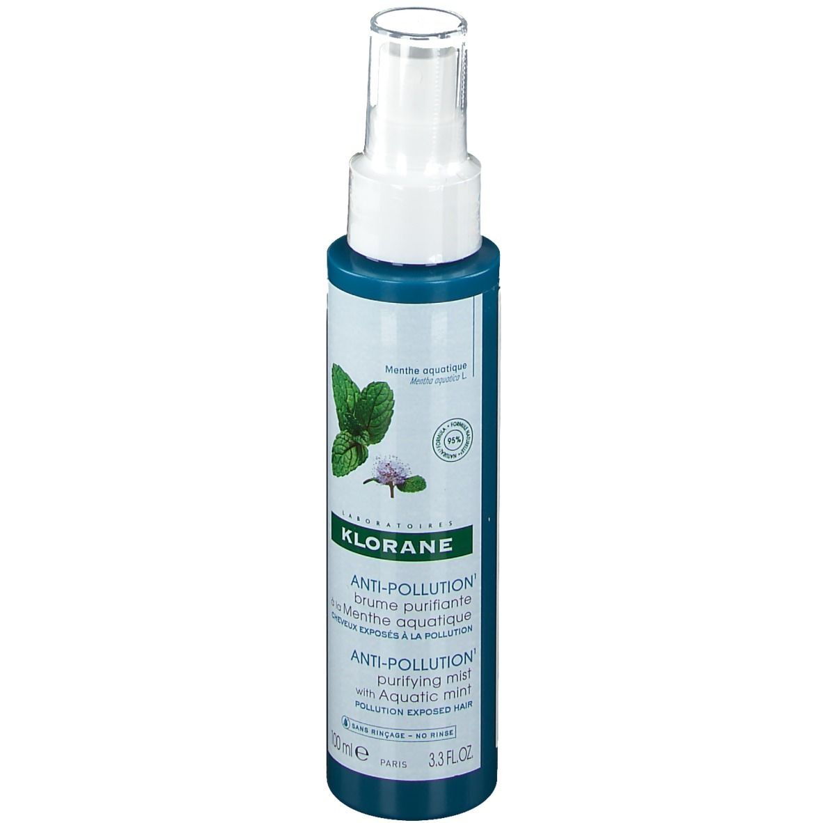 Flacon pulvérisateur turquoise avec tête blanche. Inscriptions: KLORANE, Anti-Pollution, à la menthe. 100 ml.