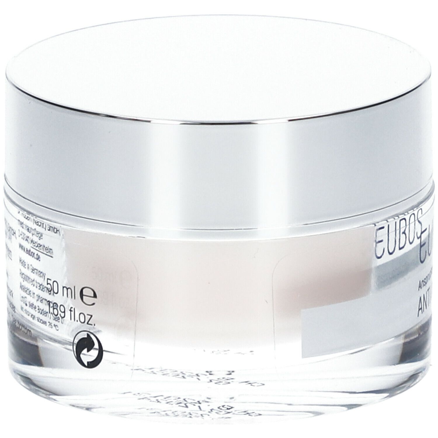 Pot de crème avec couvercle argenté. L'étiquette indique EUBOS, ANTI AGE, Hyaluron Repair Filler Day.