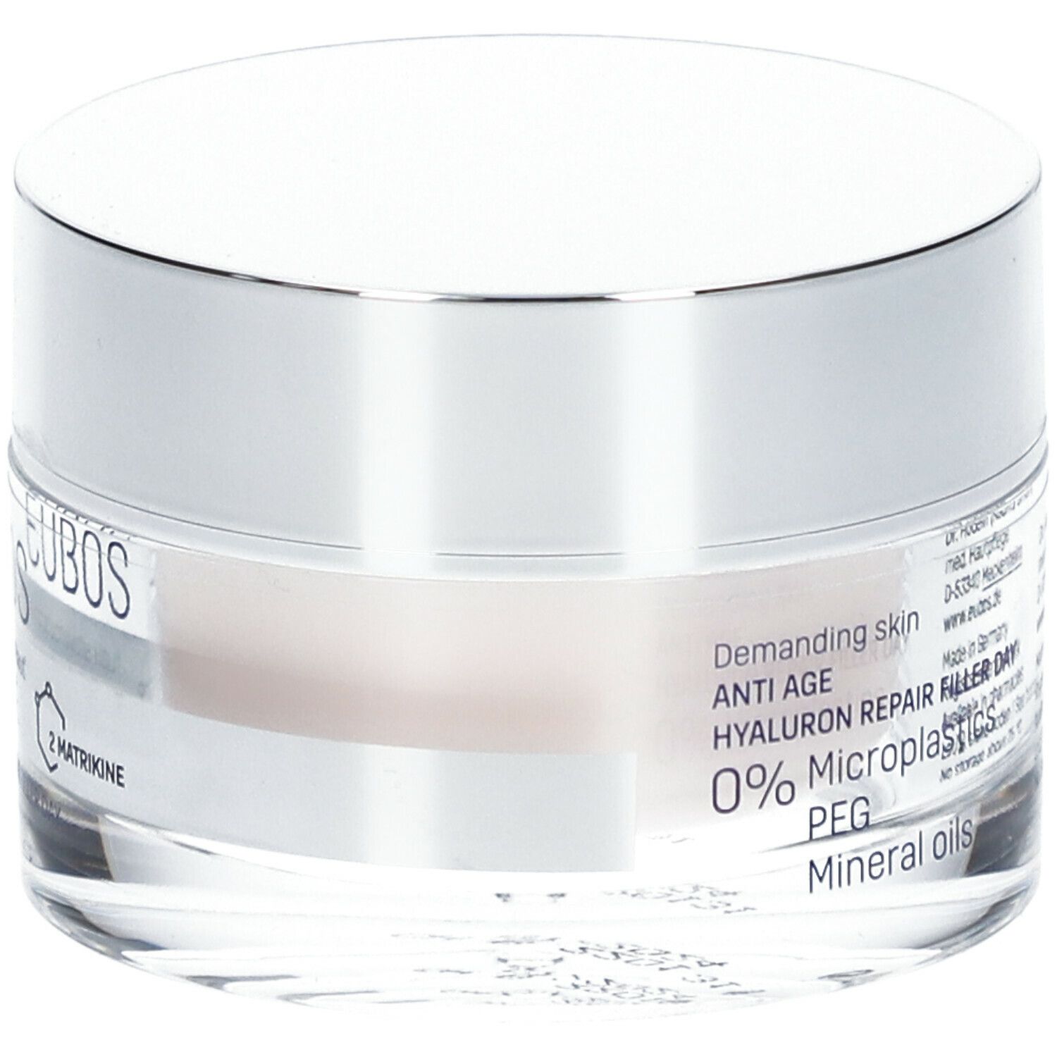 Pot de crème avec couvercle argenté. L'étiquette indique EUBOS, ANTI AGE, Hyaluron Repair Filler Day.