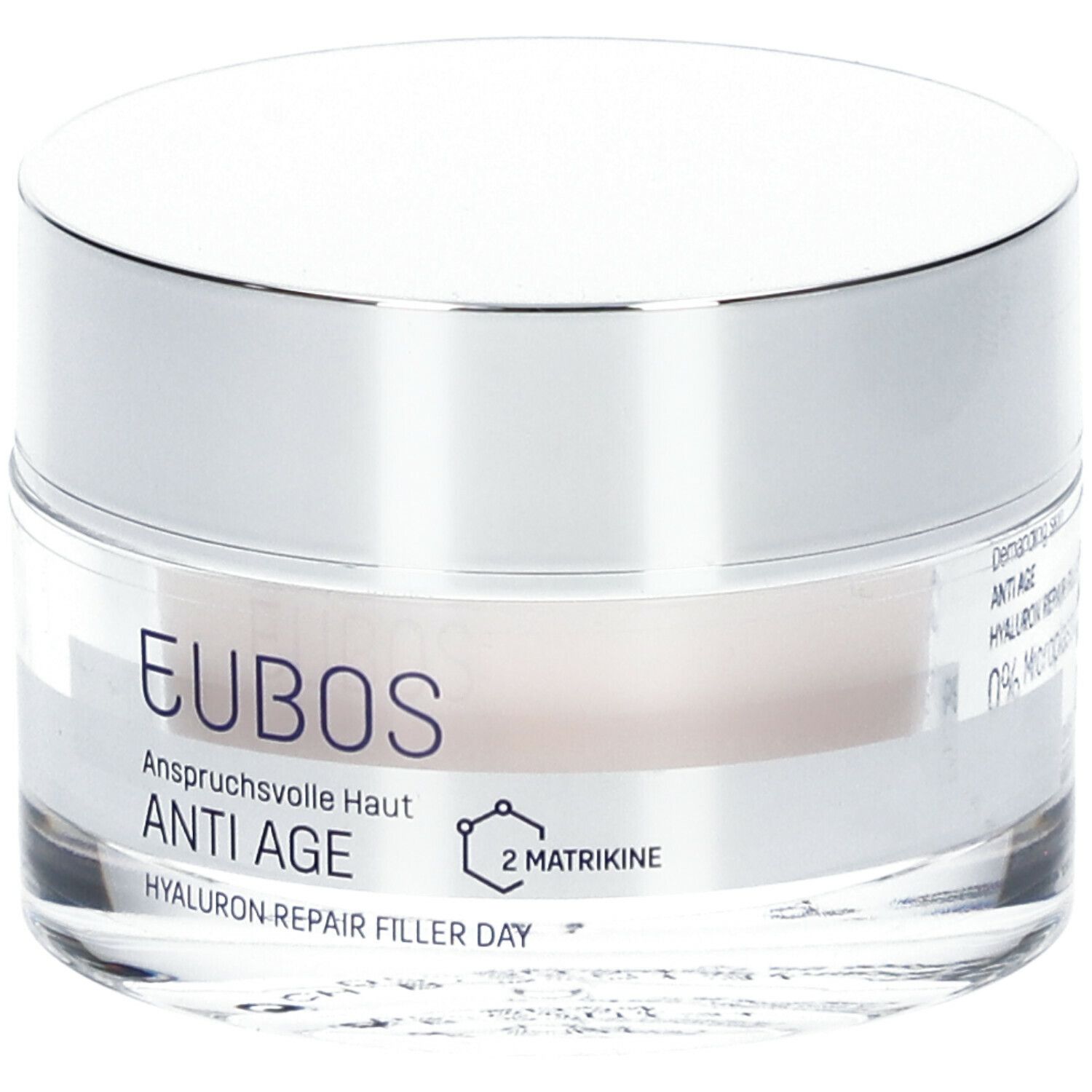 Pot de crème avec couvercle argenté. L'étiquette indique EUBOS, ANTI AGE, Hyaluron Repair Filler Day.