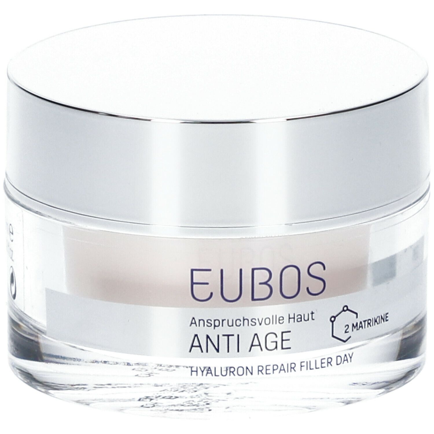 Pot de crème avec couvercle argenté. L'étiquette indique EUBOS, ANTI AGE, Hyaluron Repair Filler Day.