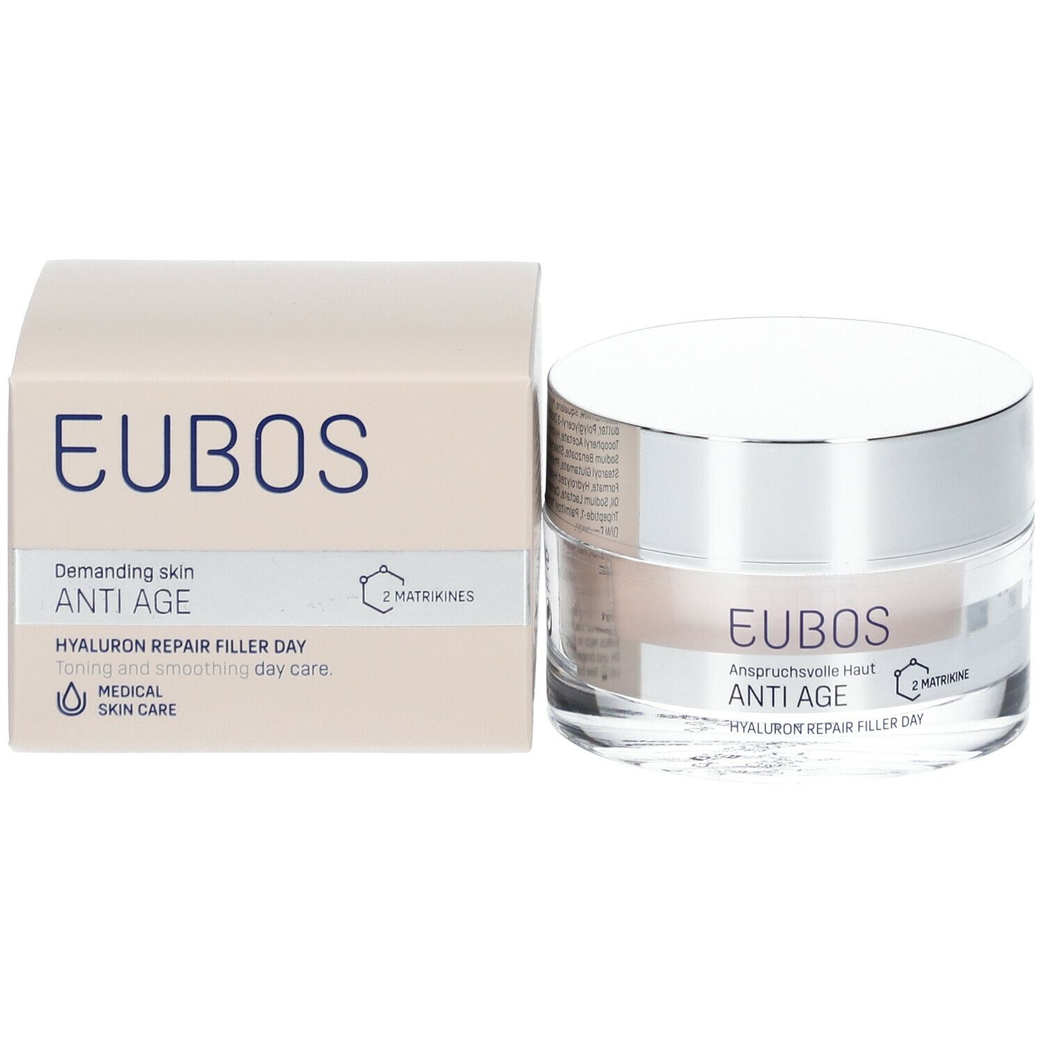 Pot de crème et carton. Le pot indique EUBOS, ANTI AGE, Hyaluron Repair Filler Day. Le carton indique EUBOS.